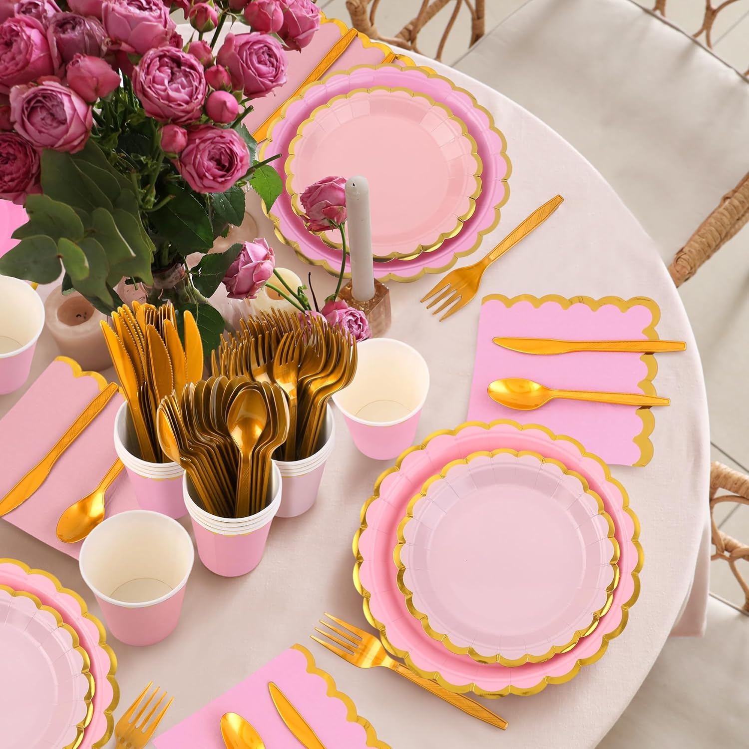 Kochorie 140 PCS Pink Plates and Napkins Party Supplies for 20 Guests Disposable Light Pink Paper Plates Set Includes Pink Scalloped Plates Napkins Cup Cutlery Set for Baby Shower Birthday Wedding - Image 7