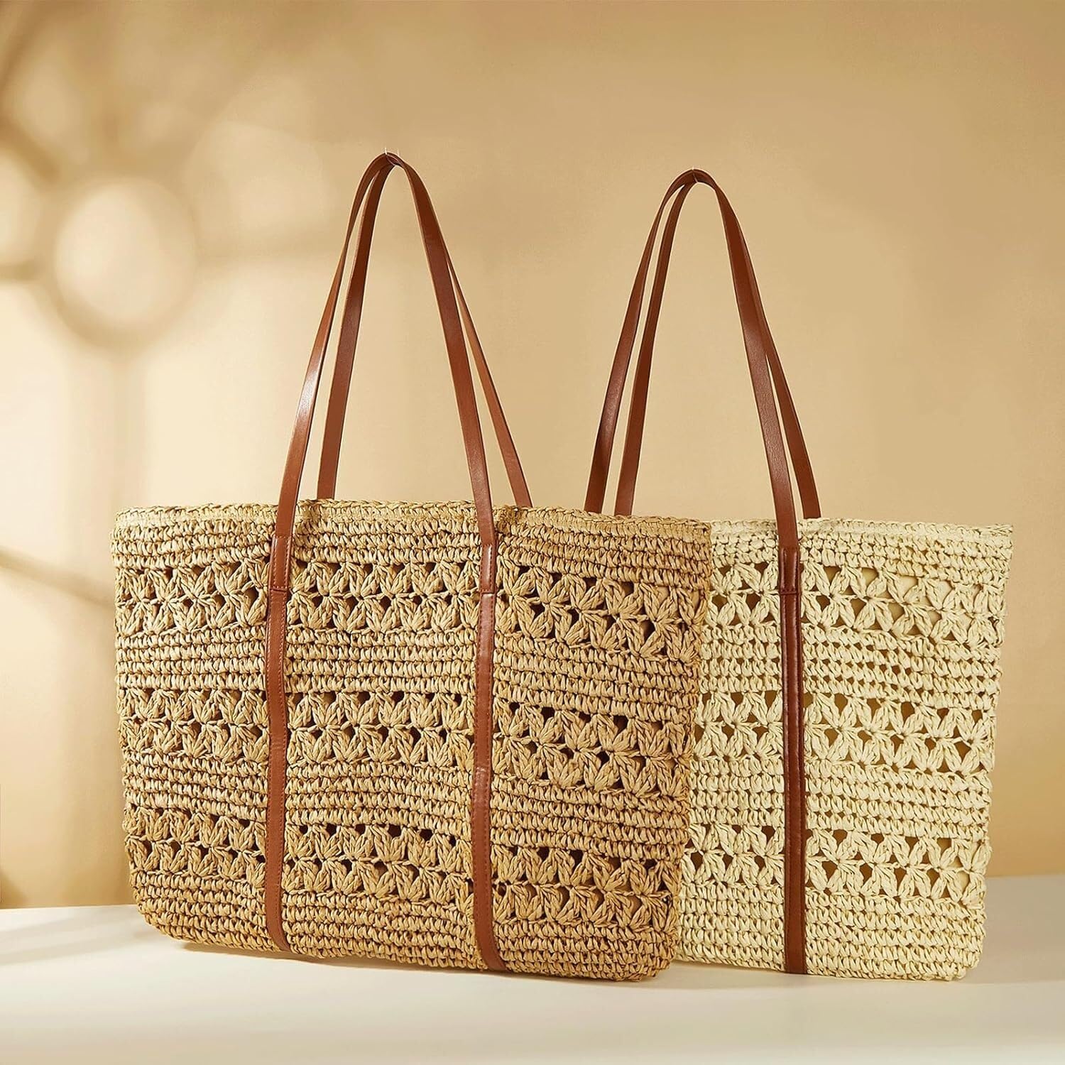 Sac de Plage d'été Sac De Plage en Paille pour Femmes, Fourre-Tout Tissé De Plage D'été avec Fermeture Éclair La Date et Les Vacances(Color:Camel)
