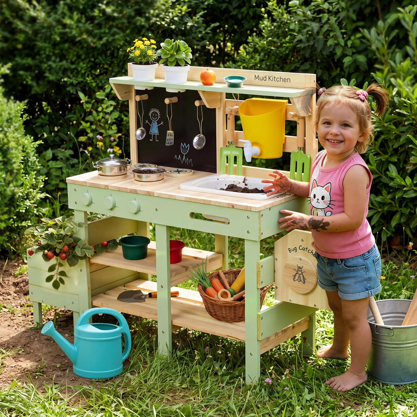 Labebe Matschküche Kinder Outdoor, 3-in-1 Matschküche mit Pflanzkasten und Insekten-Beobachtungsbox, Outdoor Spielküche & Kinderküche aus Holz mit Spüle, Wasserhahn und Zubehör, ab 3 Jahren