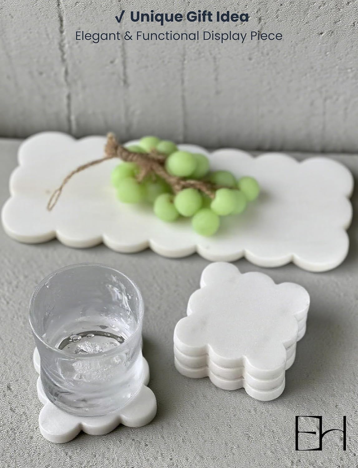 Marble Coasters Set of 4, Handcrafted Drink Protectors, Natural Stone Coaster Bar & Table Decor, Modern Desk Aesthetic Accessories, Non-Slip Luxury Gift (Marble White Square Scalloped)