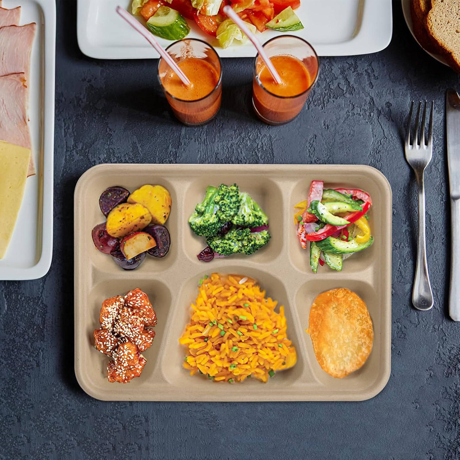 Peohud 50 Pack 6 Compartment Disposable Paper Plates, Bagasse School Lunch Tray, Heavy-Duty Sugarcane Plates, Microwavable Safe - Image 6