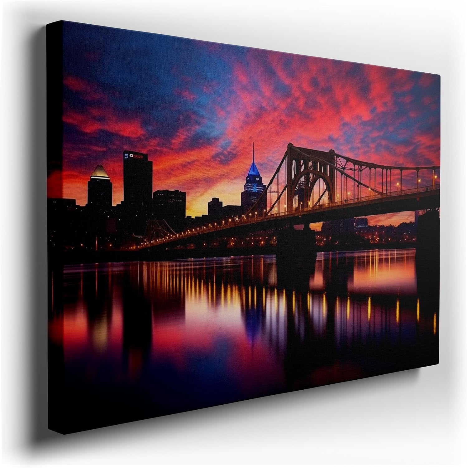 Canvas for Living room. Sunset Serenade in the City � Where Skyline Meets River Reflections, 27 x 18 inch Canvas Wall Art - Ready to Hang