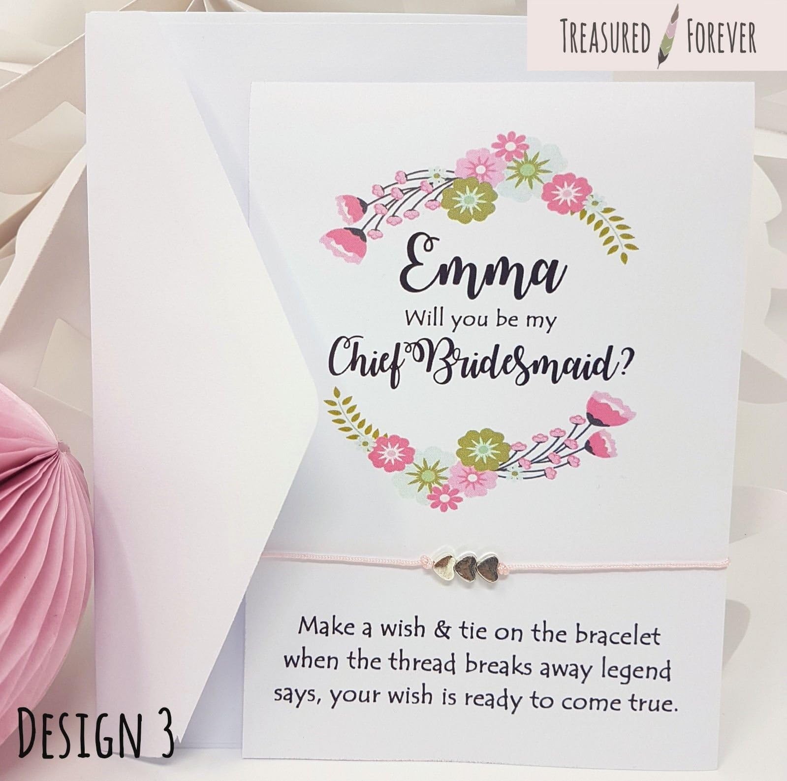 Treasured Forever Personalised Will You Be My Bridesmaid Card? Wish Bracelet Gift Pop the Question - Various questions & Designs | Design 3