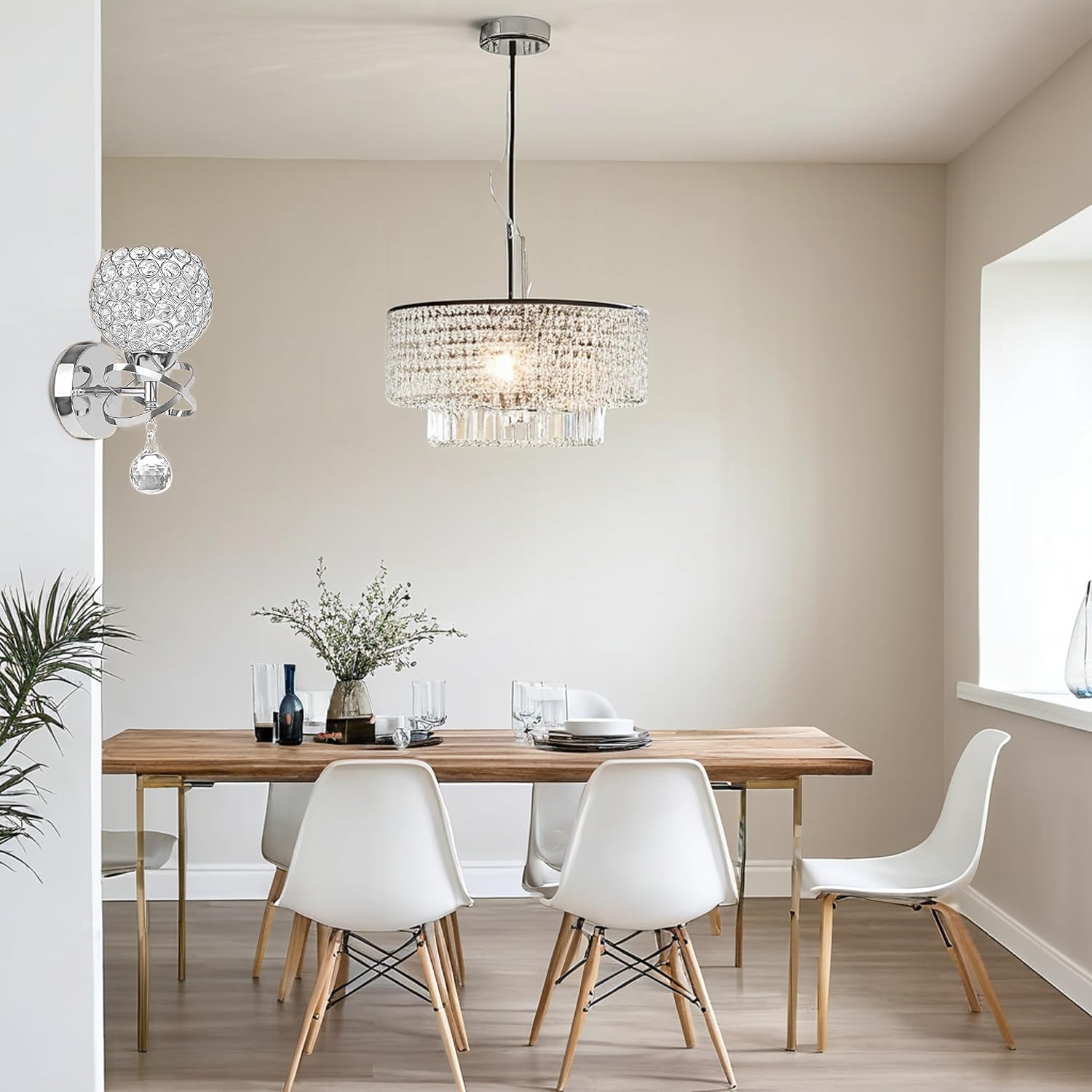 Silver Crystal Wall Sconces Set of 2, Modern Wall Lamp Sconces Wall Lighting with Hanging Crystal Ball, Wall Mount Christmas Silver Sconces for Bedroom Living Room Hallway