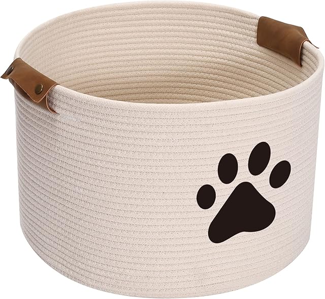 Xbopetda Round Cotton Rope Basket Pets Toy Storage Bin - Storage Chest for Dog Toys Laundry Basket Living Room Organizer Dog Stuff Box Storage Beige