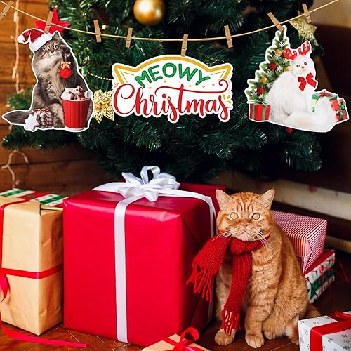 Miniatura 6 de Suzile 8 carteles de Navidad para patio con estacas de gato con estacas, letrero de césped de Navidad con temática de mascotas, estacas de Navidad