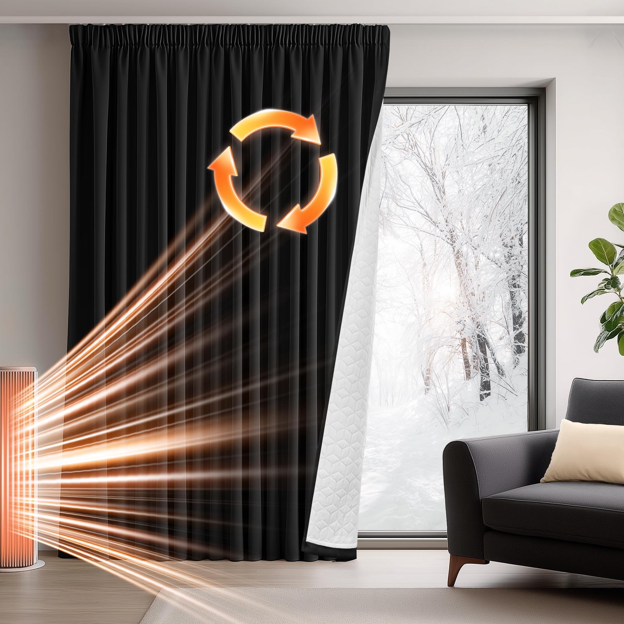 Deconovo Thermal Curtain for Door, Extra Wide Window Panel with Thick Microfiber Quilted Lining, Pencil Pleat Blackout Curtain for Bedroom, W 118 x L 102, Black, 1 Panel