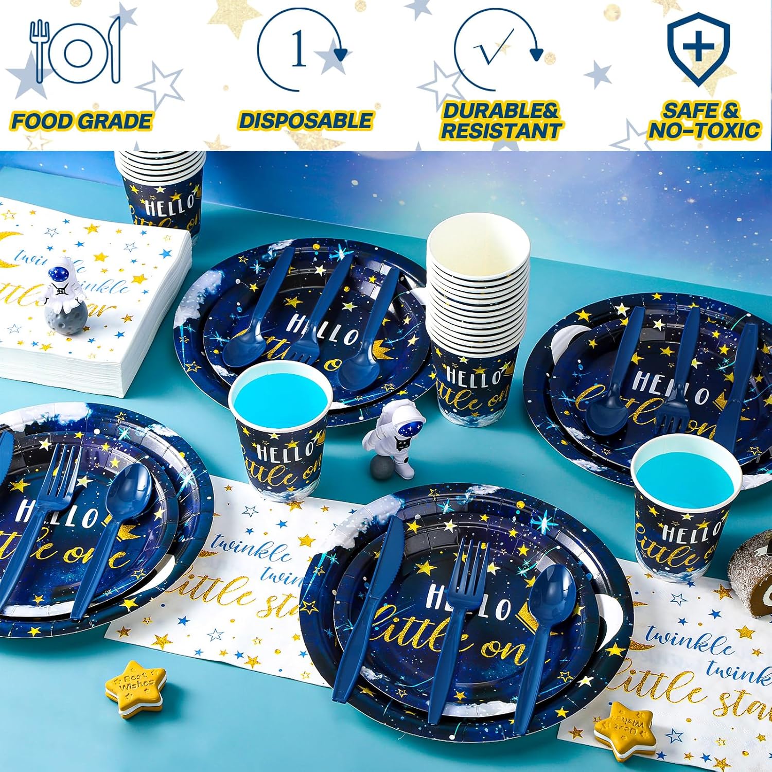 Dandat 350 Pcs Baby Shower Plates Set Baby Shower Party Supplies Serves 50 Tableware Sets Include Plates Napkin Cup Forks Knives Spoons Disposable Dinnerware(Twinkle Twinkle Little Star,Navy blue)