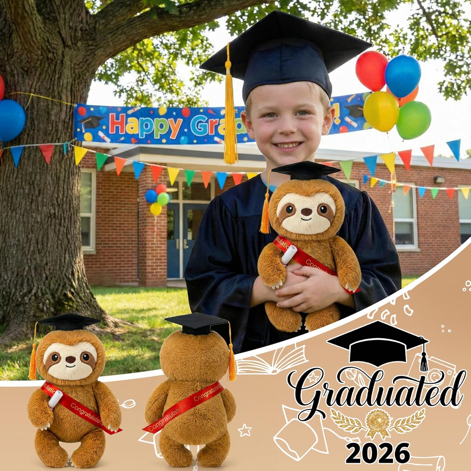 Graduation Plush Sloth Stuffed Animal - 13 Inch Sloth Graduation Plush with Grad Cap Congratulations Sash Kindergarten Middle High School 2026 Graduation Gift for Man Woman College Student Classmate