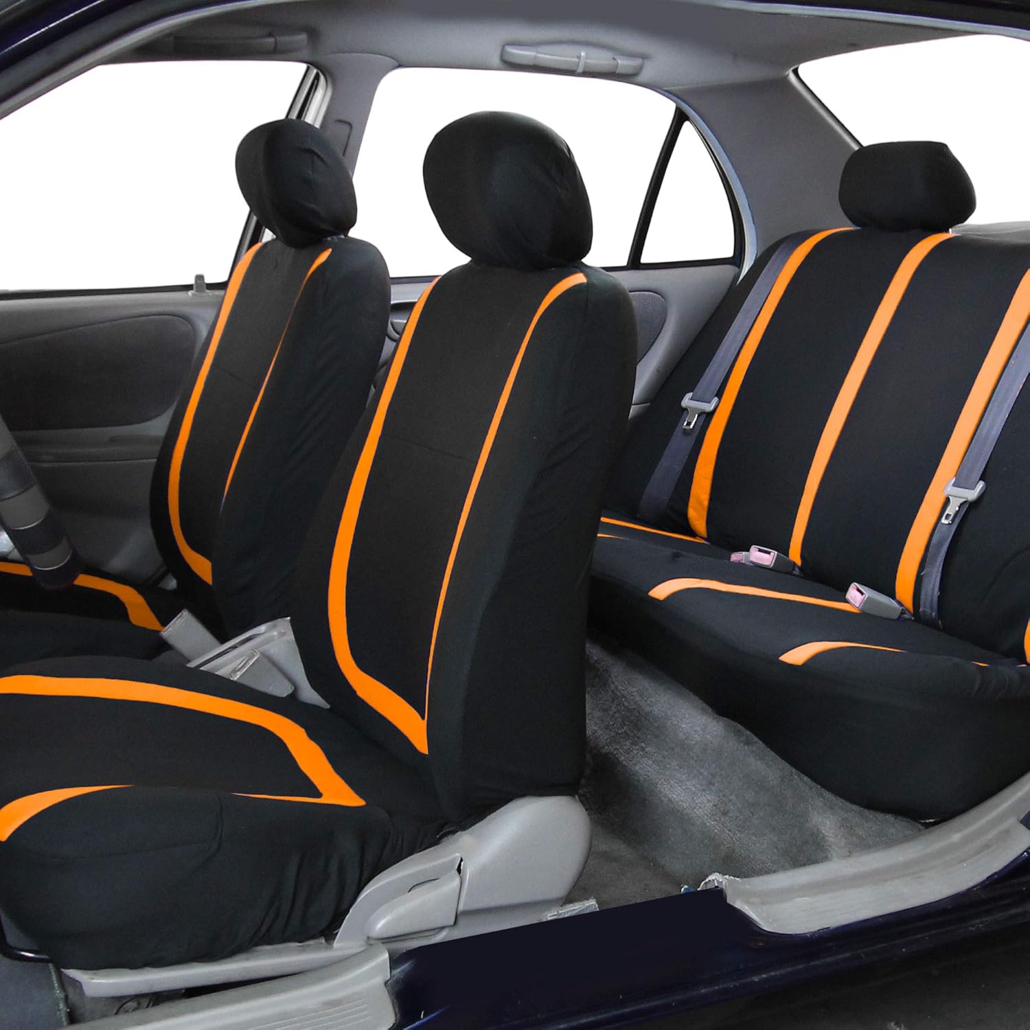 TLH Unique Flat Cloth Automotive Car Seat Covers Full Set, Orange Color Universal Fit w/Interior Accessories Carpet Floor Mats Matching Color for Van, Car, SUV