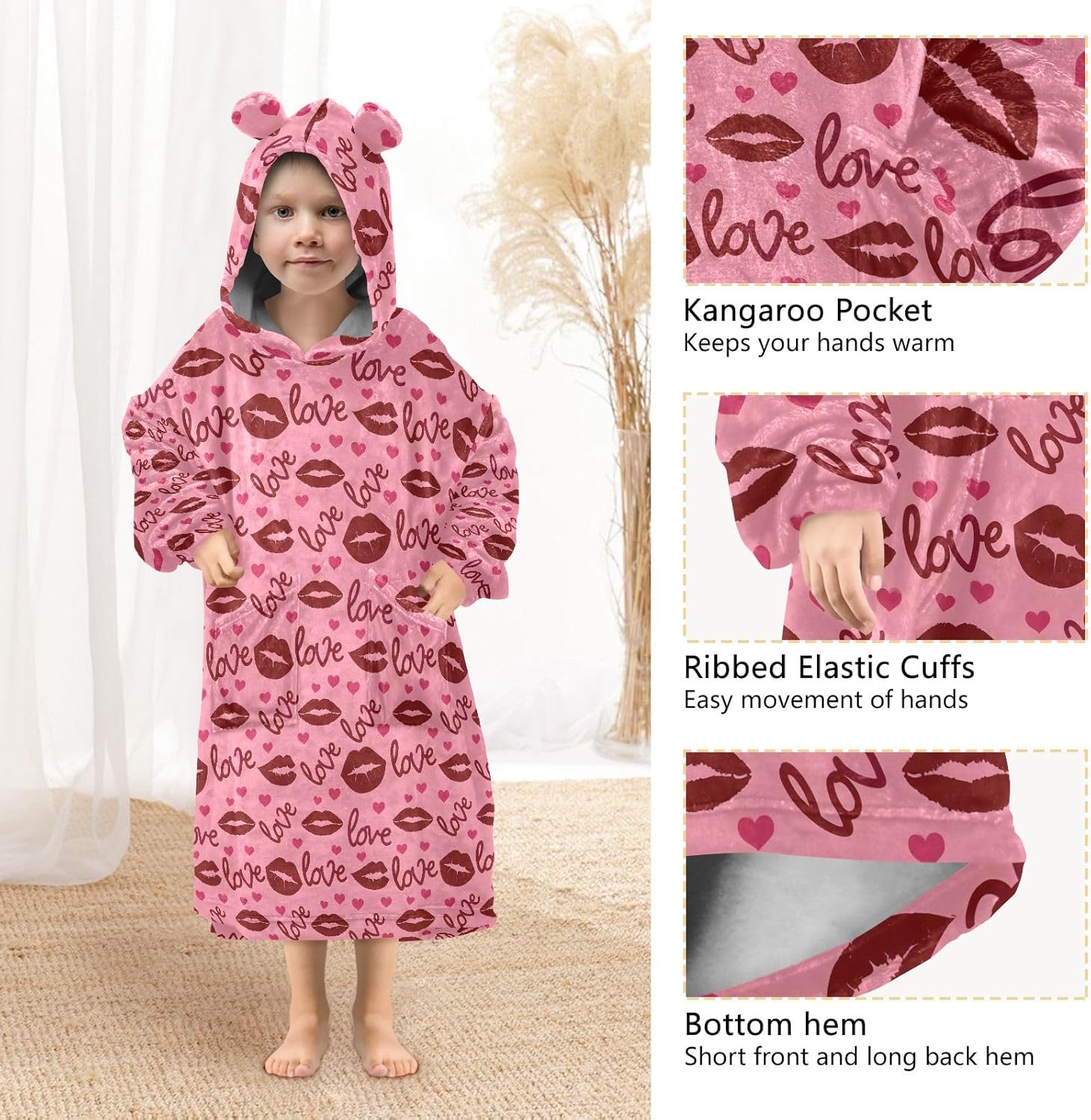 Mouth Heart Pattern Wearable Blankets for Kids, Soft Warm Cozy Blanket Hoodie for Boys Girls with Pocket