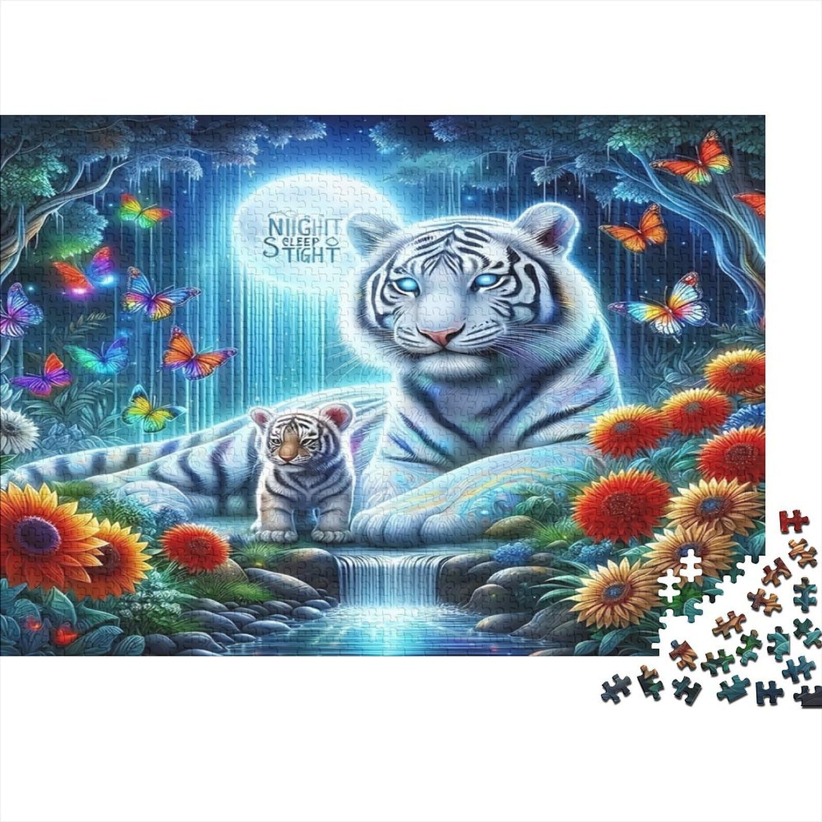 TangMosaic Puzzle 1024 Teile – Tiger & Blumen – Herausforderndes Nachtmotiv – Perfekter Zusammenhalt, Staubfrei – Für Erwachsene & Familien – 50x50 Cm