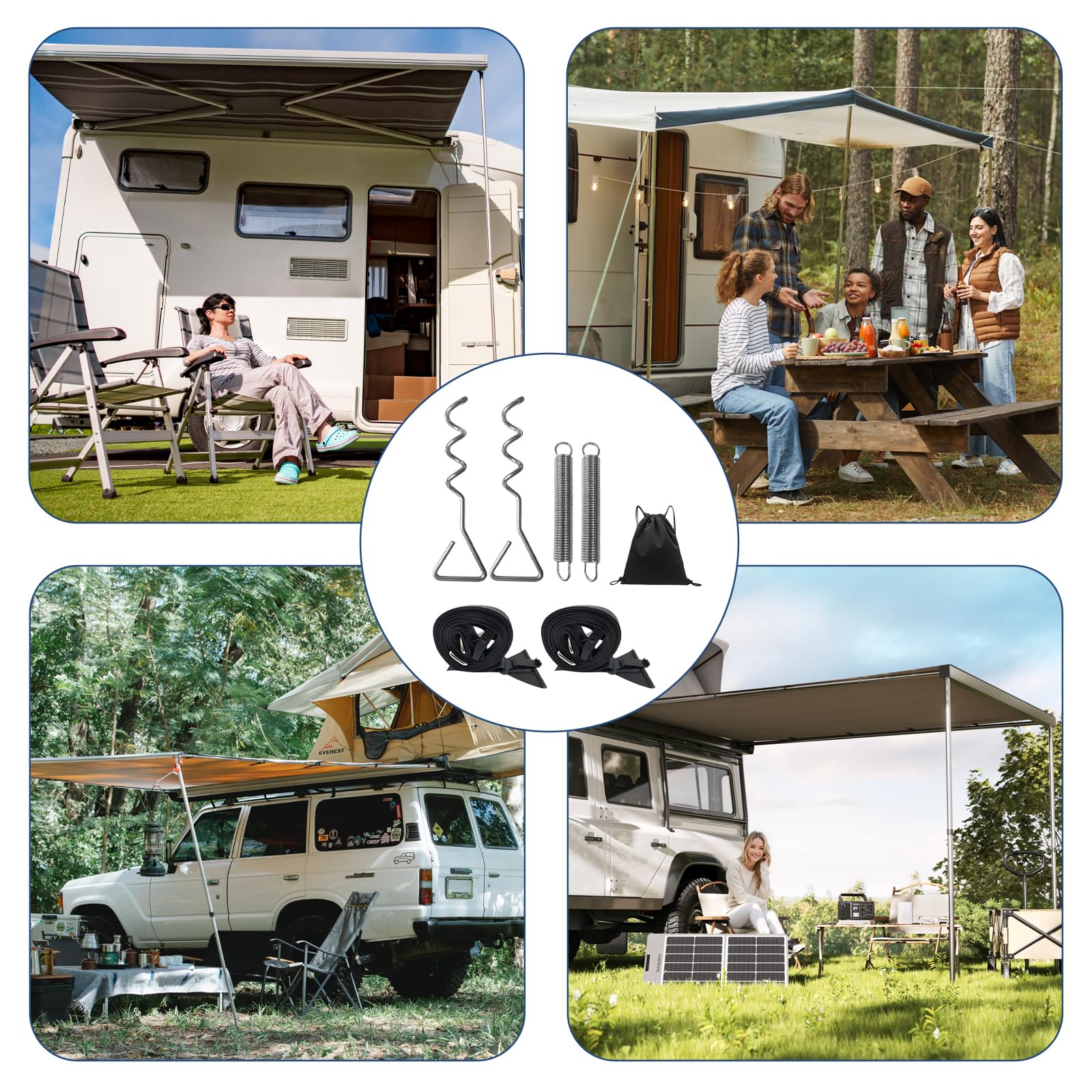 Sangle Anti Tempête - Kit de Fixation Universel Auvent Tente avec Système de Ressorts pour Camping Car Caravane Tente et Store Banne Profitez du Camping en Toute Sérénité | sangles, ressorts, clous de tente en spirale, accessoires de fixation solides et r