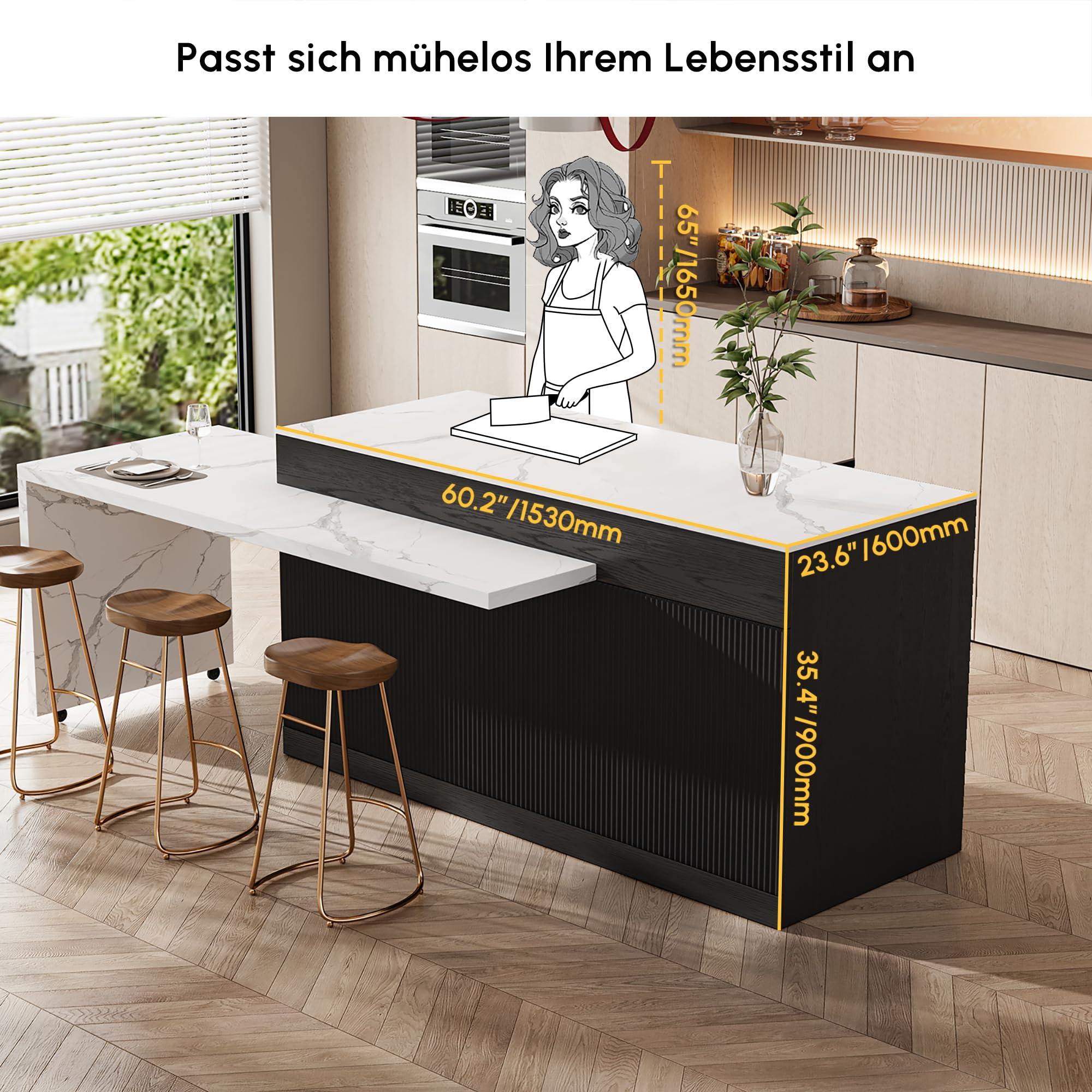 Homary Ausziehbarer Kücheninsel Freistehend Schwarze mit Stauraum und Sinterstein Arbeitsplatte, Umwandelbarer Esstisch für Küche und Esszimmer, 205-268cm x 90cm