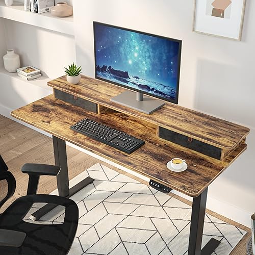 Miniatura 72 de FEZIBO Escritorio eléctrico de pie ajustable de altura de 40 x 24 pulgadas con doble cajón, escritorio para computadora, mesa de pie para oficina en