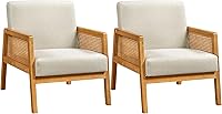 Yaheetech Accent Chairs Set of 2, Mid-Century Modern Armchairs with Cane Armrests, Beige Linen Lounge Chairs for Living Room Bedroom