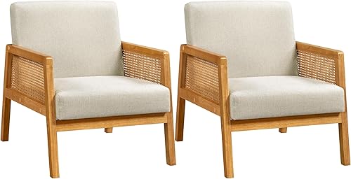 Miniatura 1 de Yaheetech Silla decorativa, sillón con reposabrazos de ratán y patas de madera, silla moderna de mediados de siglo, silla de sala de estar cómoda de