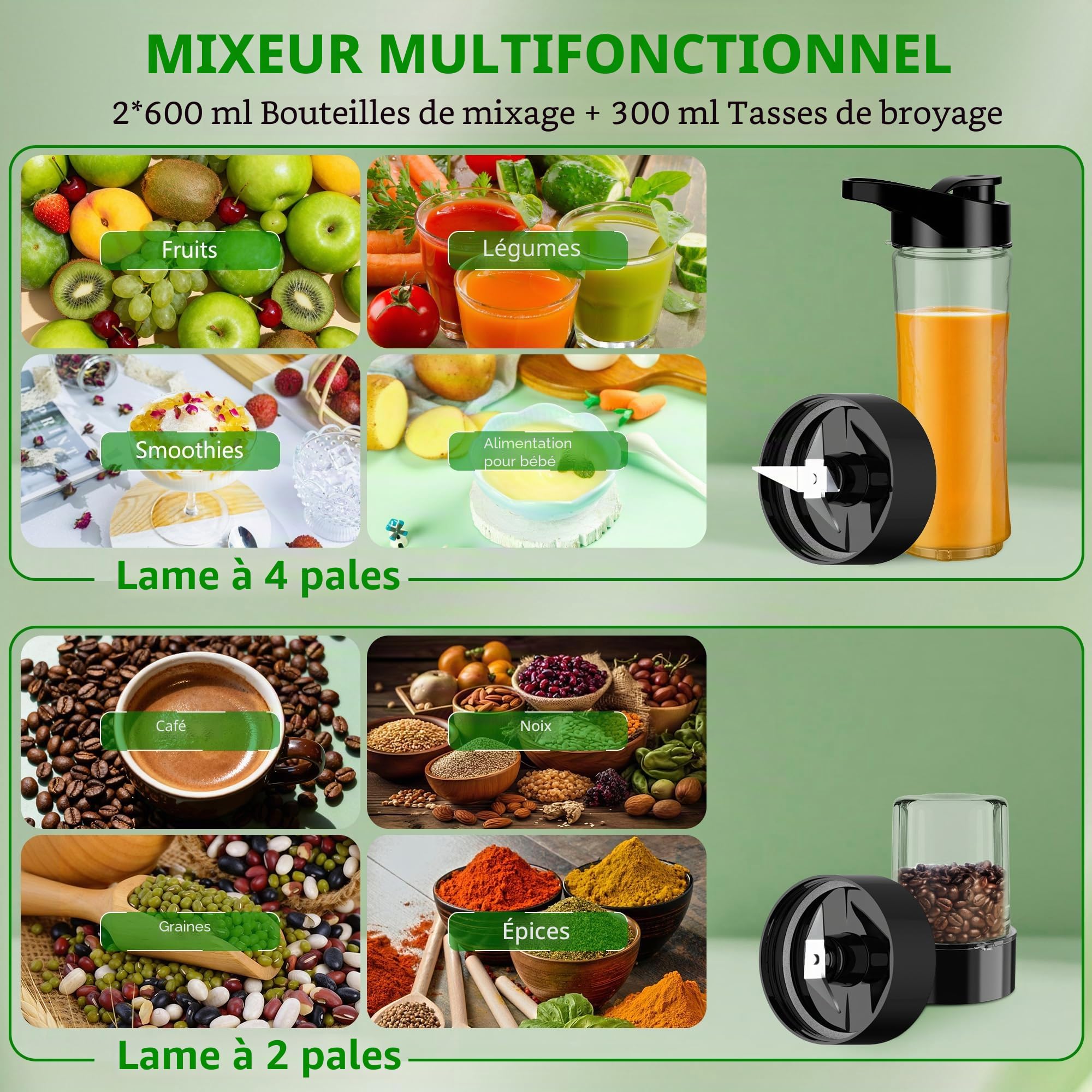 KITCANIS Mini Smoothie Maker 3 en 1, Mixeur électrique 800W, 3 vitesses réglables 2 bouteilles portables de 600 ml et 300 ml tasse de broyage pour glace, fruits, légumes, noix