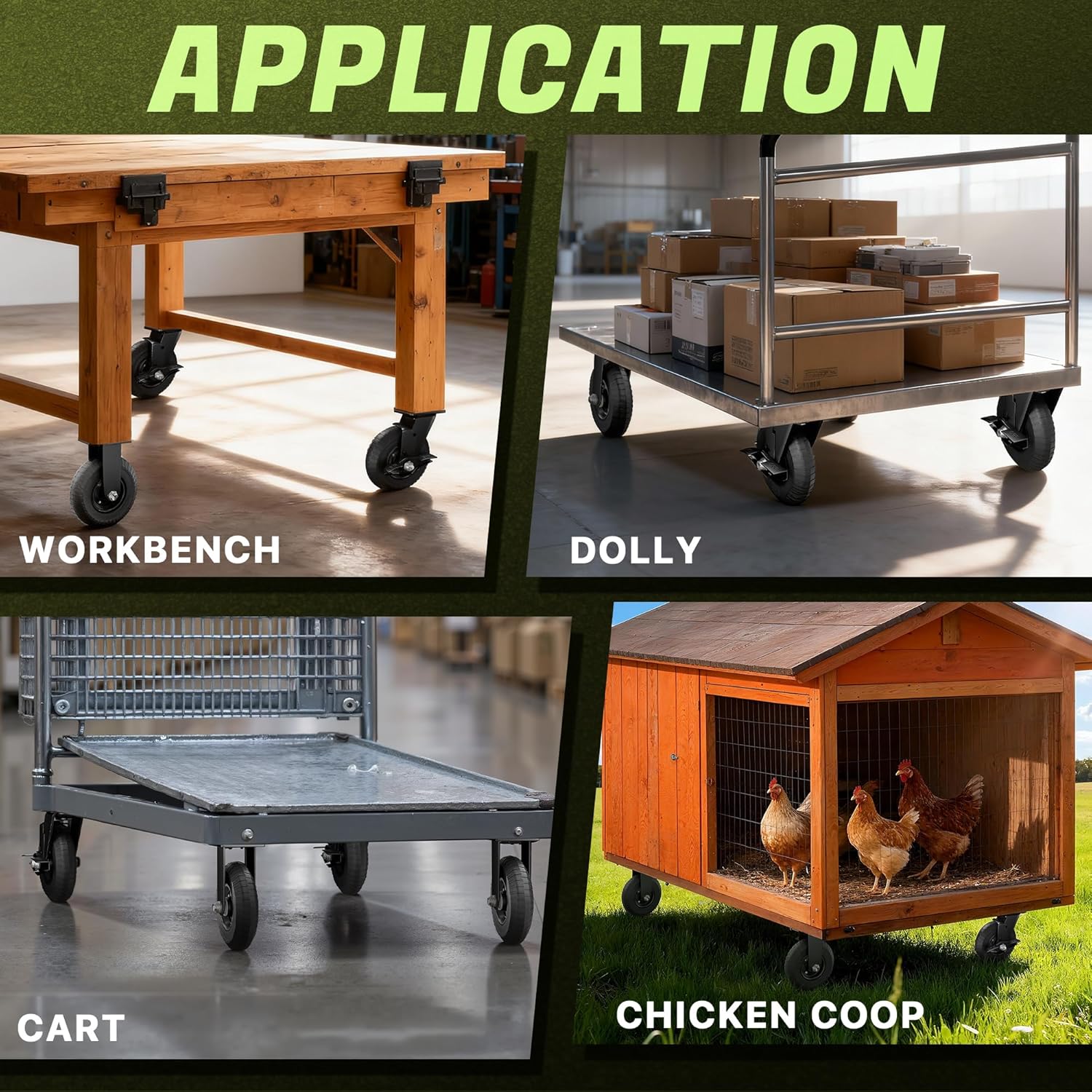 8inch Caster Wheels Set of 4 (2 Brake & 2 Fixed), 2200lb Heavy Duty Casters with Solid Rubber, Brake Plate Casters with Knobby Tread for Workbench, Dolly, Cart, Trolley, Wagon, Chicken Coop