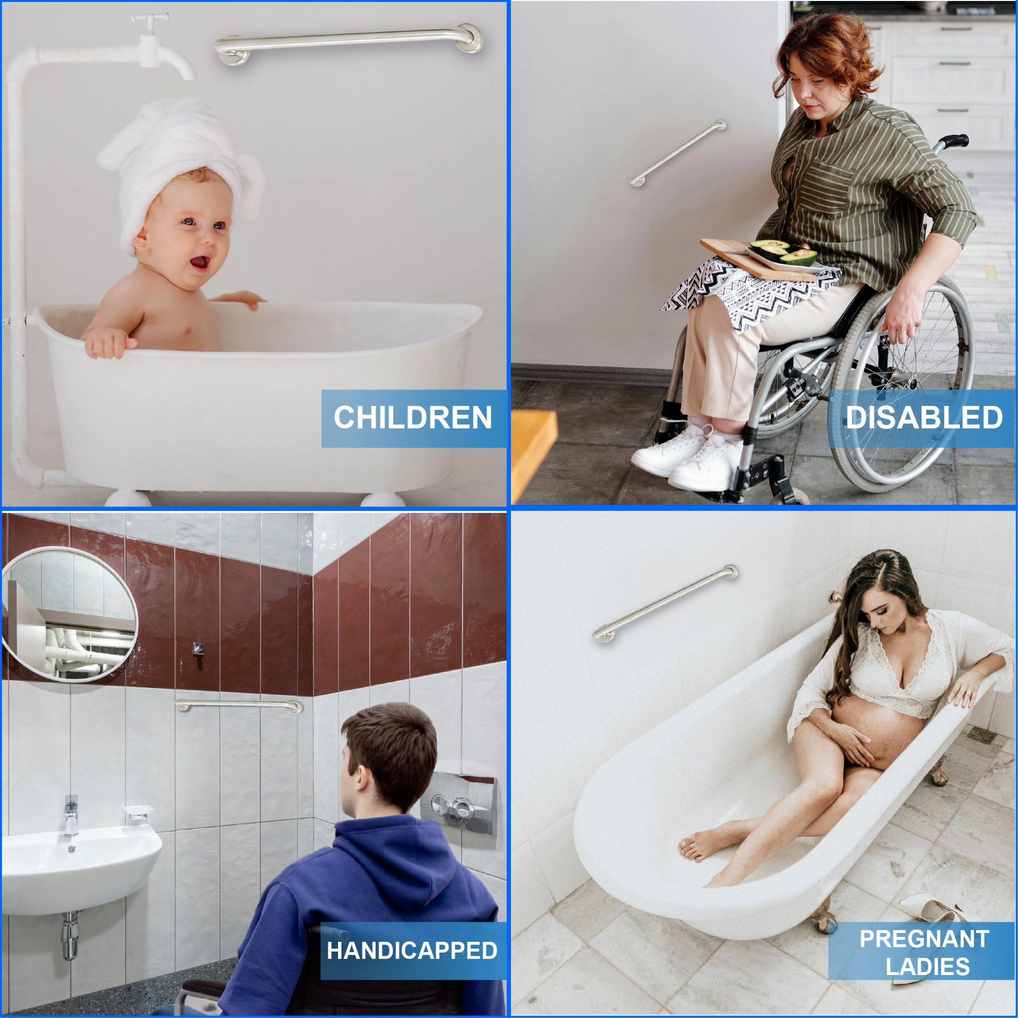 Barra de agarre de seguridad, pasamanos ADA para ducha, baño, inodoro, hogar, tipo 304, acero inoxidable, asistencia para personas mayores, agarre moleteado, 16 pulgadas