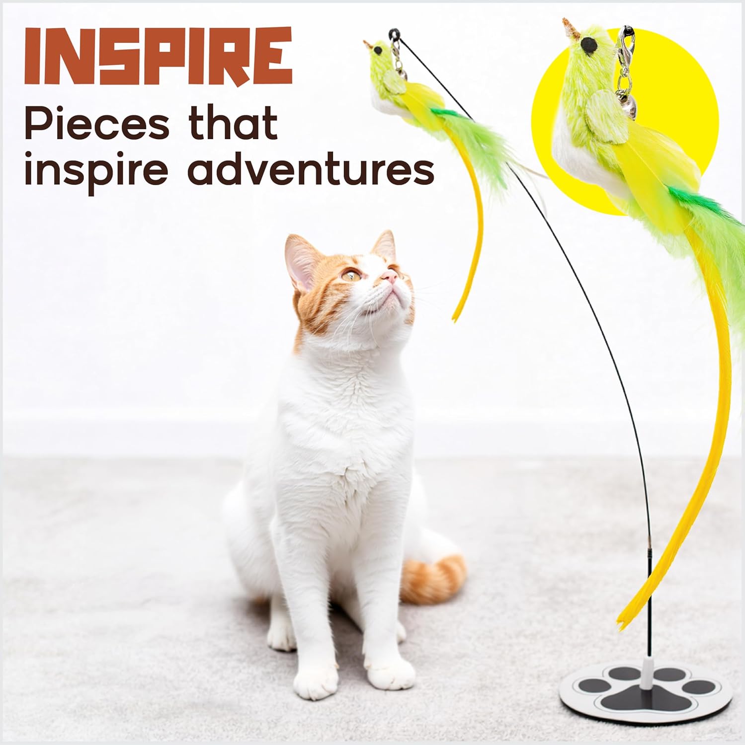 Bird Toy for Cats - Natural Feathers Stable Round Base - Interactive Wand