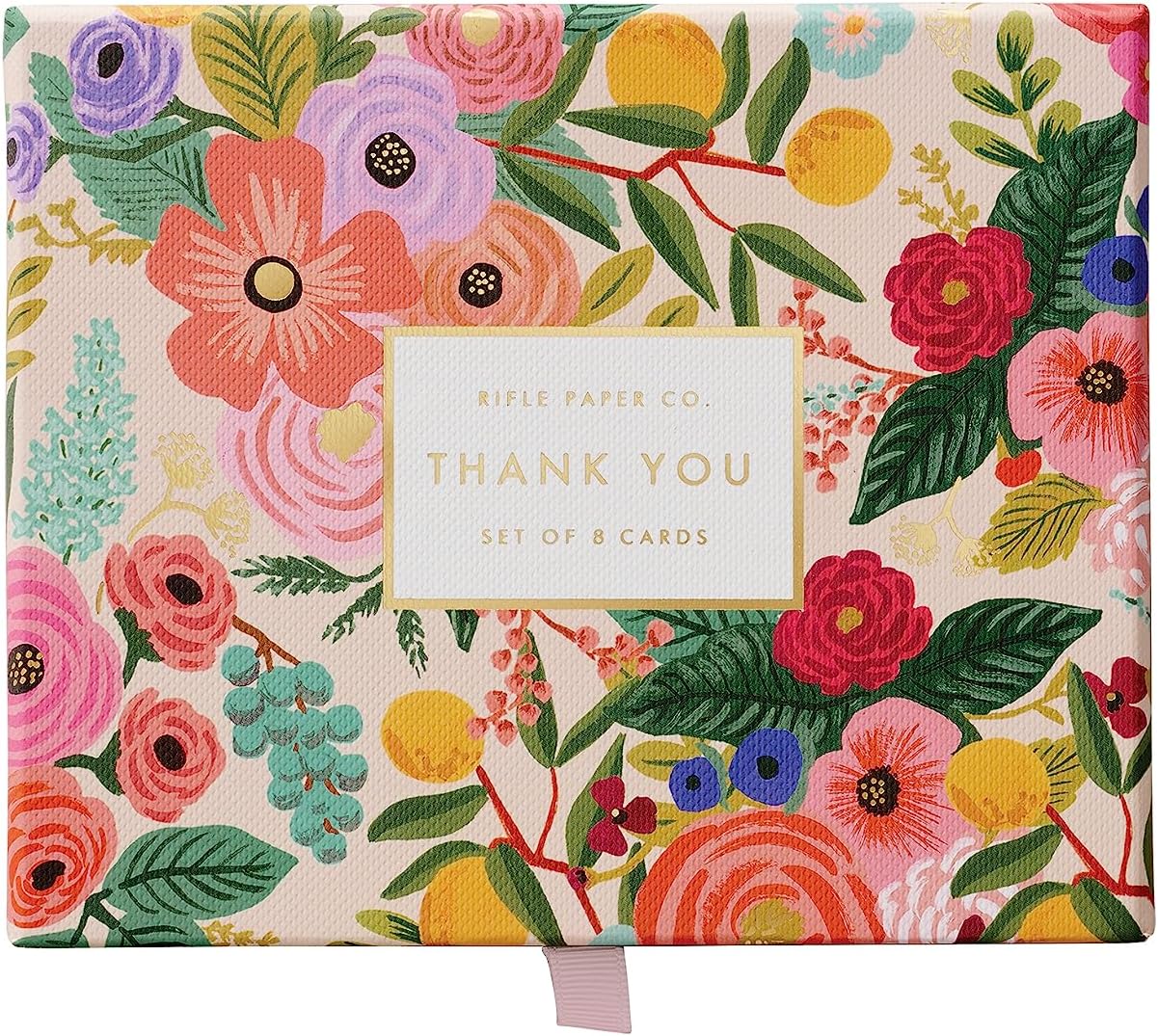 RIFLE PAPER CO. Garden Party Thank You Keepsake Card Boxed Set of 8, 4.25" L x 5.5" W Blank Interior Lets Your Thoughtful Handwritten Note Take Center Stage, Artisanally Crafted in the USA