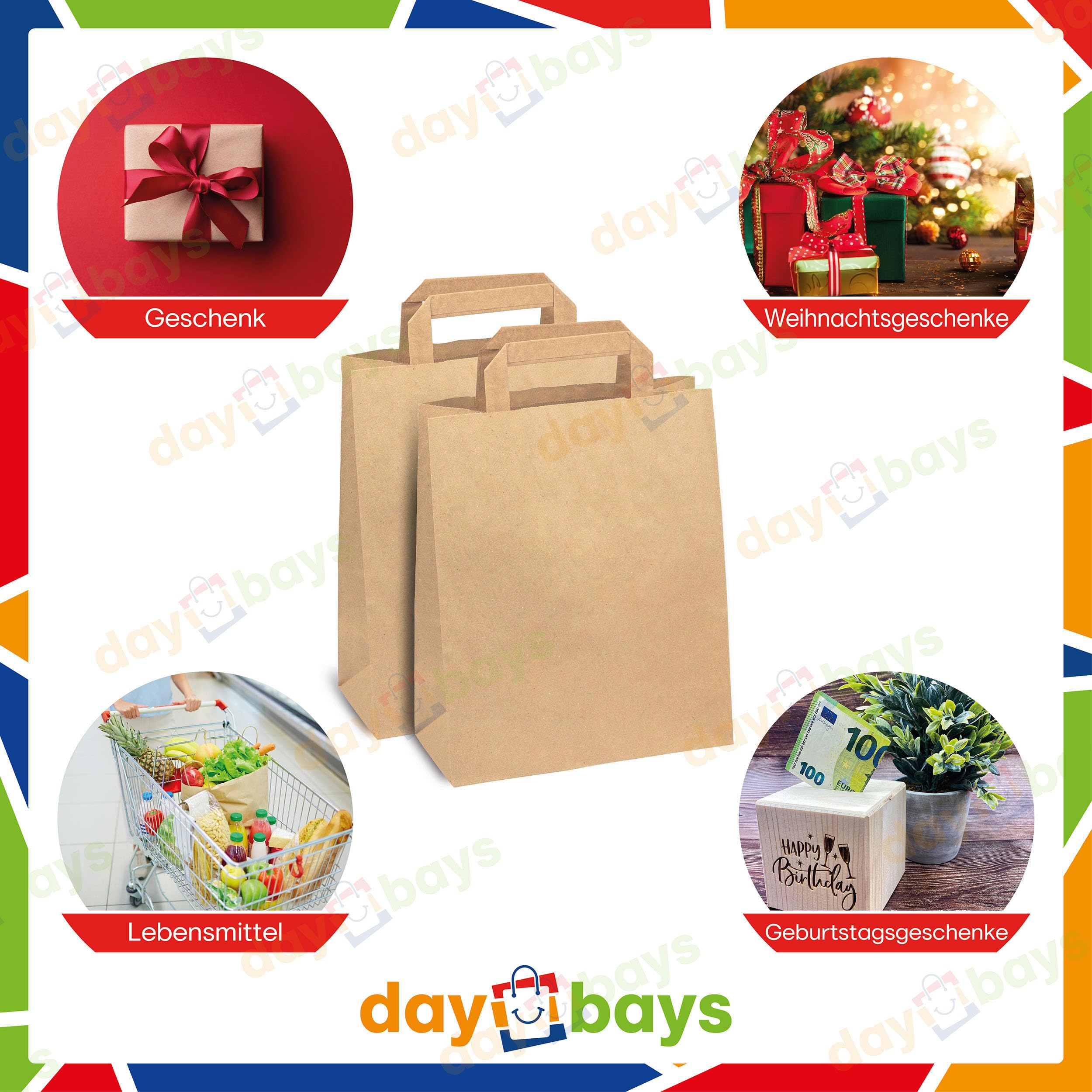 Daybays Papiertüten 18+8 x 22 cm Braun, 1000 Stk. Geschenktüten Papiertragetaschen mit Henkel aus Kraftpapier, Papiertaschen Geschenktüte Papiertüte klein (1000)