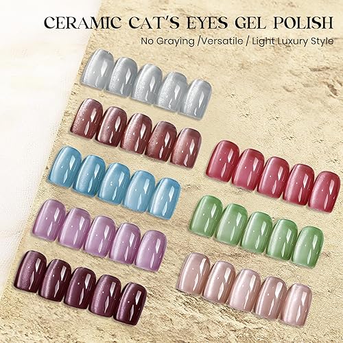 Miniatura 3 de MIZHSE Esmalte de uñas de gel de ojo de gato, juego de esmaltes de gel magnético de cerámica de 8 colores con barra magnética, cristal brillante