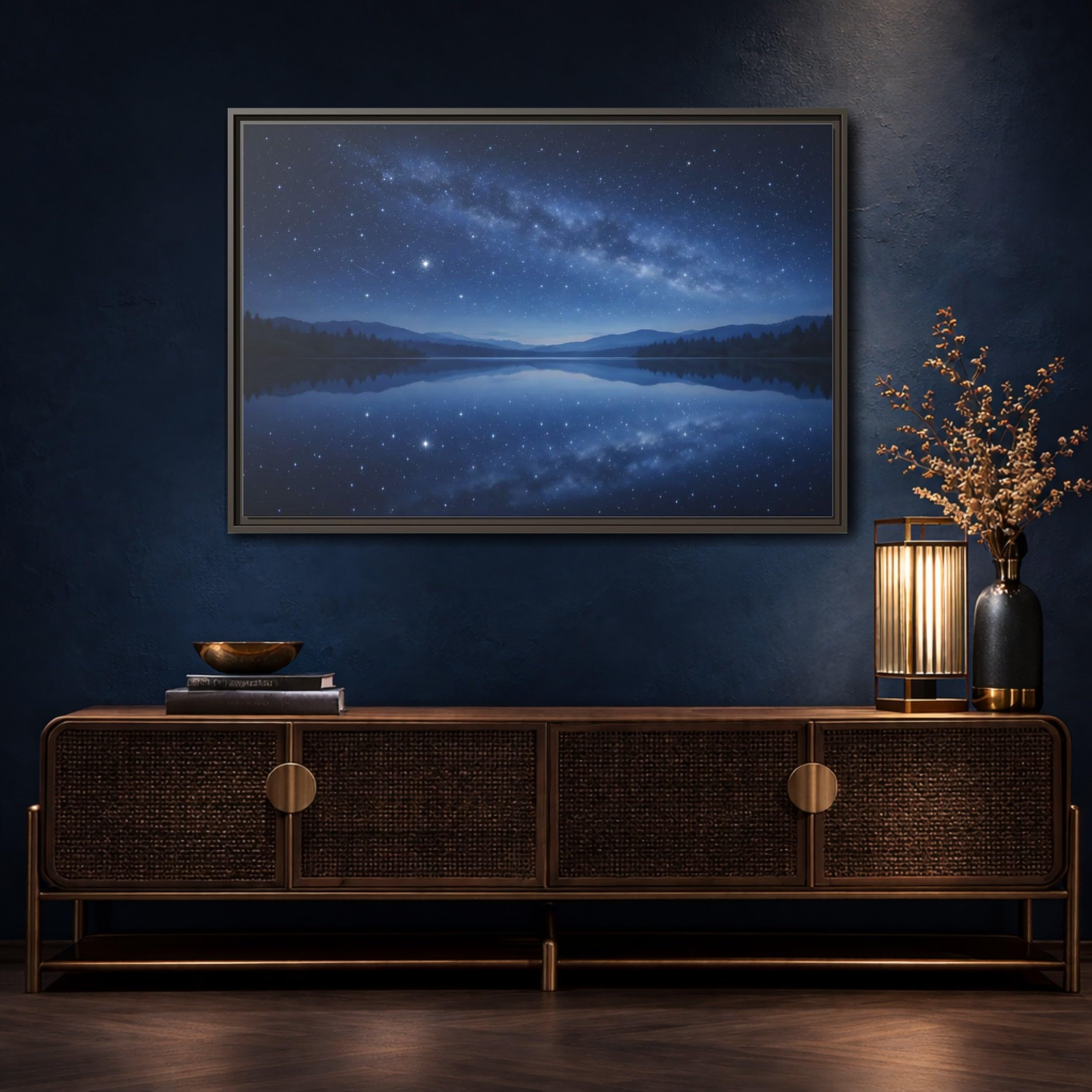 Nature Milky Way Blue Night Sky Framed Canvas Print – Realistic Decor for Living Room, Above Couch 24×16 inch (60×40 cm) - Horizontal/White / 1.25 inch (3 cm)