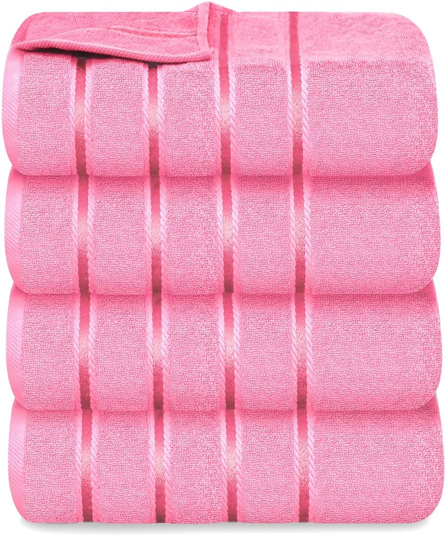 Luxury Bath Towels Set of 4, 27x54 Inches 600GSM 100% Cotton Ring Spun – Daily Use Highly Absorbent Viscose Stripe Bath Towel Sets for Bathroom, Hotel, Spa (Pink)