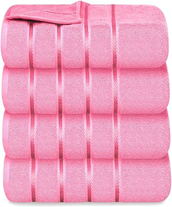 Luxury Bath Towels Set of 4, 27x54 Inches 600GSM 100% Cotton Ring Spun Daily Use Highly Absorbent Viscose Stripe Bath Towel Sets for Bathroom, Hotel, Spa Pink