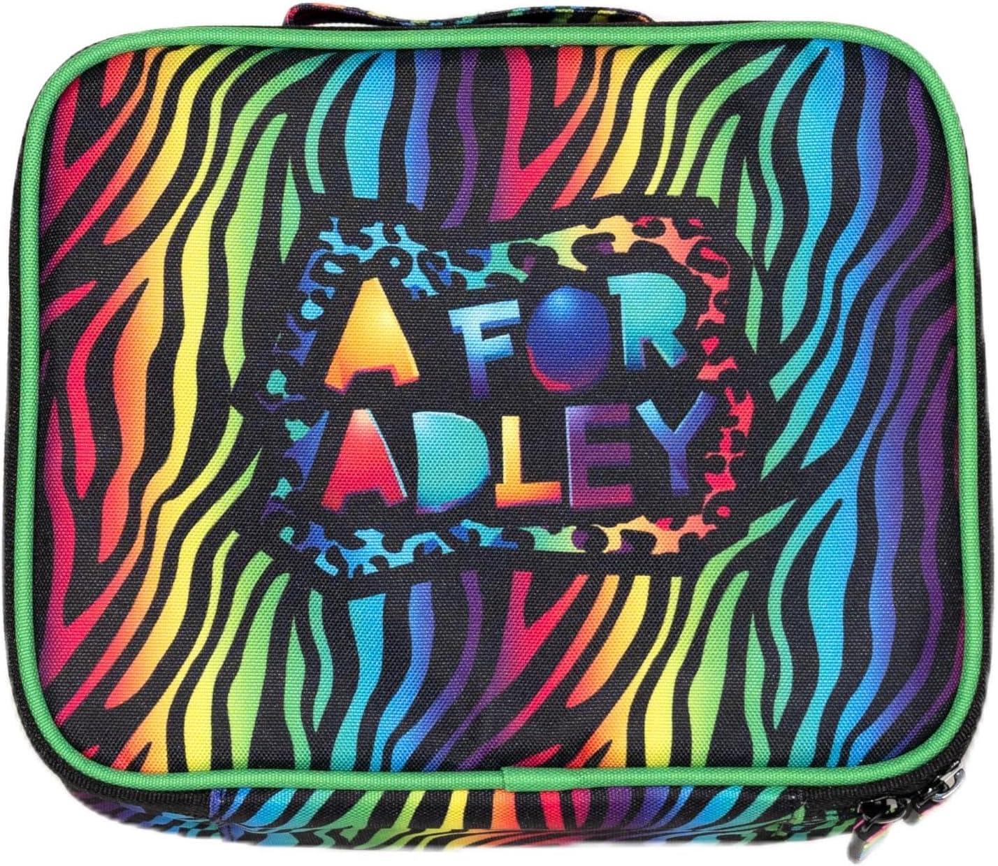 A FOR ADLEY Neon Rainbow Lunchbox. Featuring Adley's Neon Rainbow Friends on a Zebra Rainbow Printed Lunchbox