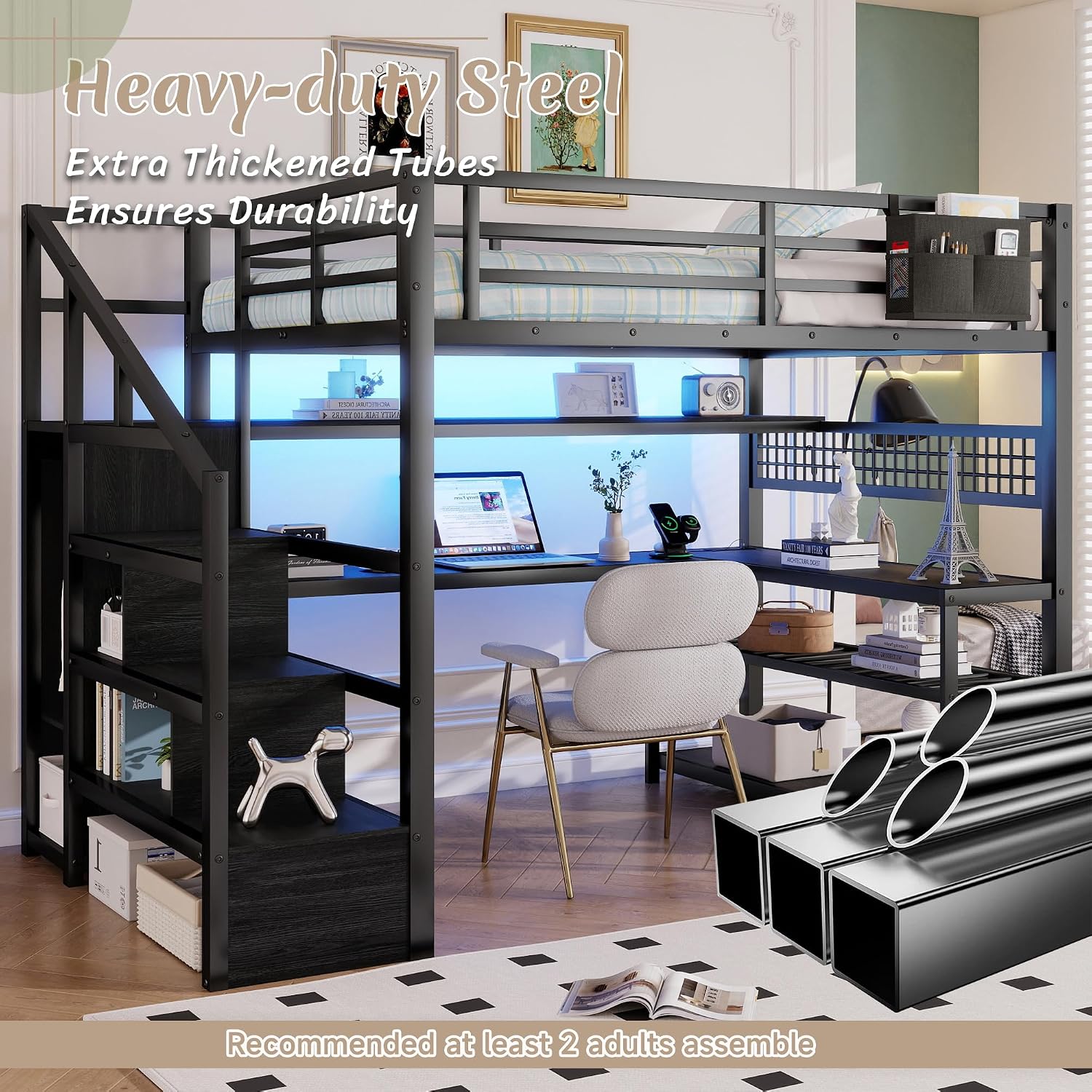 Close-up of heavy-duty steel tubes used in the loft bed construction