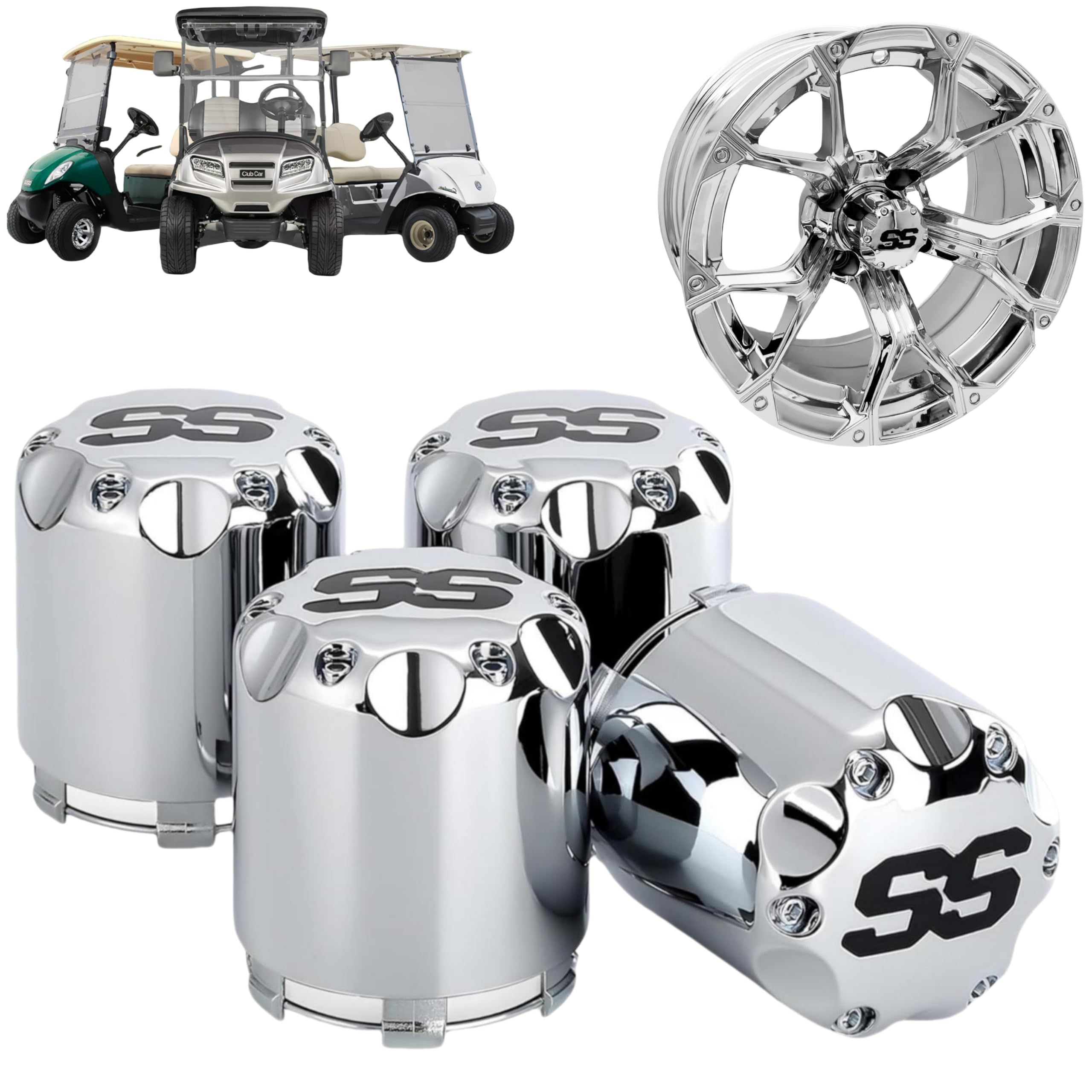 WUKO HUNT Golf Cart Accessories, SS Wheel Center Caps, ITP Push in Style Wheel Hubcaps Dust Universal for EZGO Club Car Yamaha and Other Models, 4 Pieces (Chrome with Black SS)
