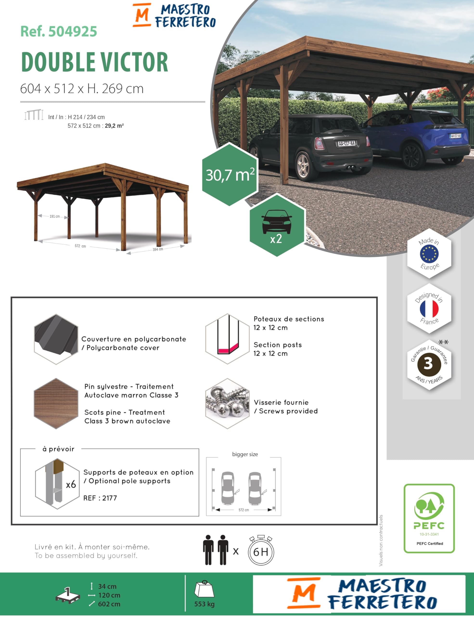 Forest Style - Cochera Doble Victor 30,9 m² (6,02 x 5,11 x 2,52 m) – Madera de Pino Tratada – Techo de Policarbonato – Aparcamiento Cubierto para 2 Coches – Estructura Robusta y Resistente
