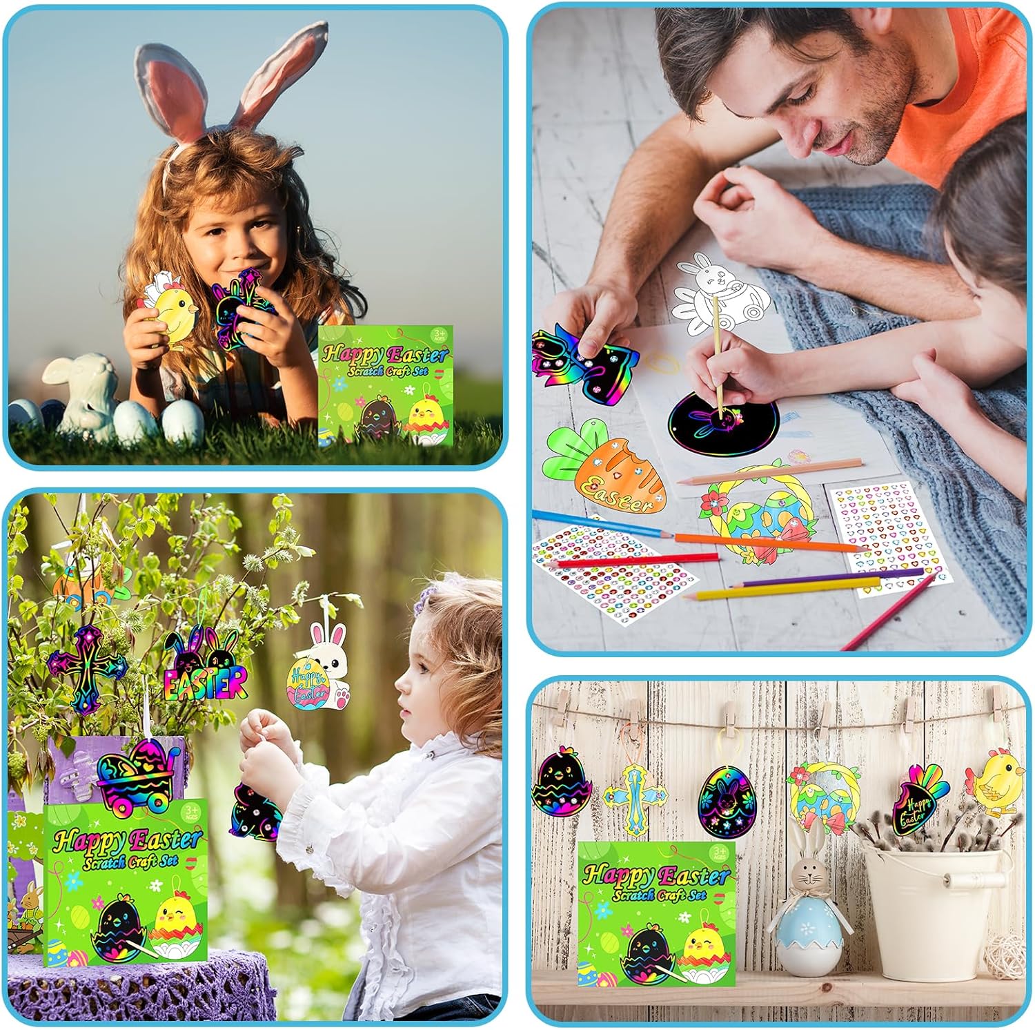 Leesgel Easter Basket Essentials, 108Pcs Easter Scratch Crafts for Kids, Easter's Bunny Eggs DIY Ornament Craft Kits, Scratch Off Cards Decorations Supplies Spring Activities Basket Stuffers