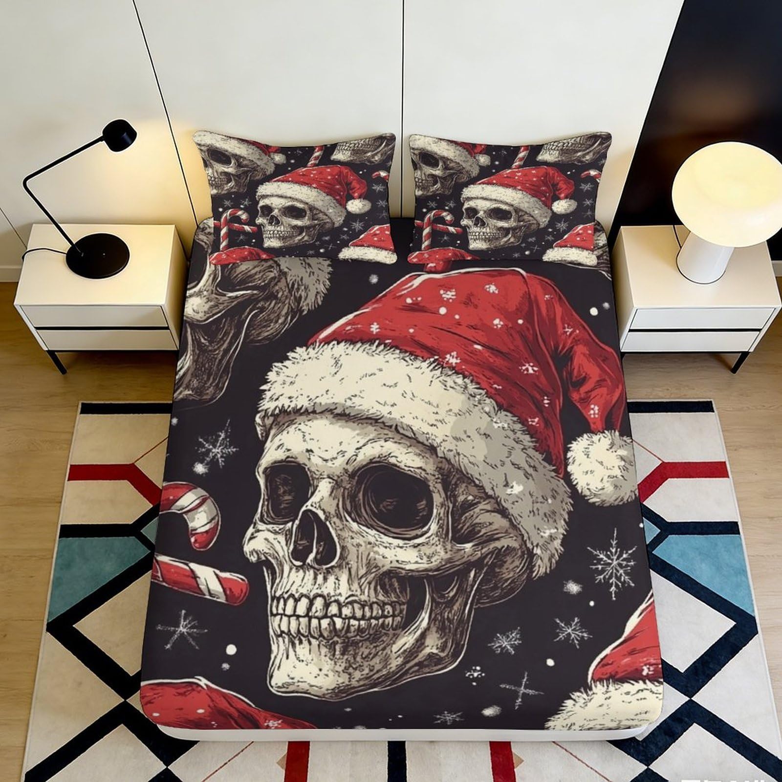 3D Printed Christmas Skull Fitted Sheet Microfiber Soft Breathable Santa Hat Bed Cover for Bedroom Dormitory Guest Room Mattress Protection Decor 140x200x25cm