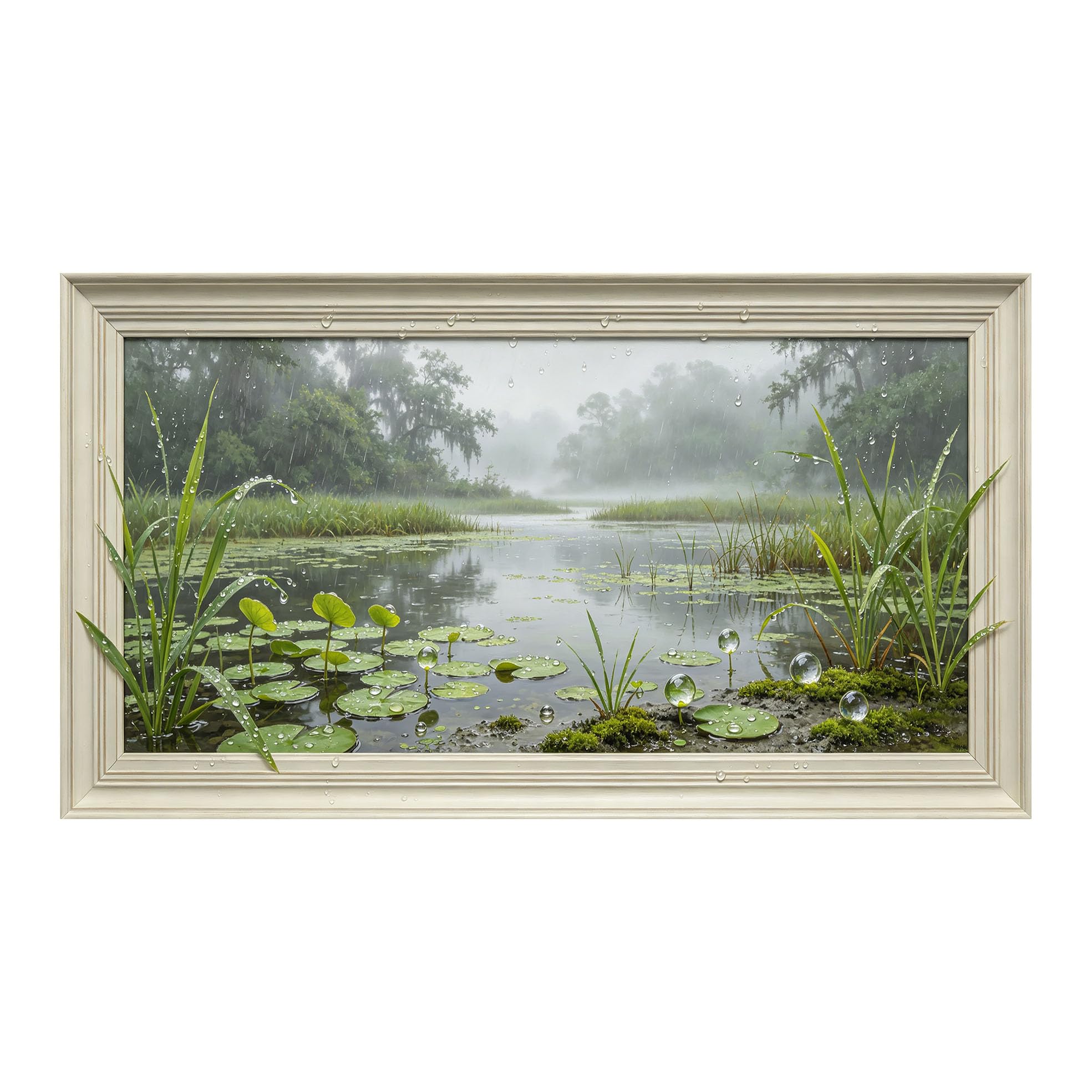Yzpallescene 3D Framed Wall Art 50cm×100cm Misty Wetland Swamp Landscape Watercolor Realistic Panoramic Large Size SelfAdhesive Removable Wall Decor Prints Artwork for Living Room Bedroom Office