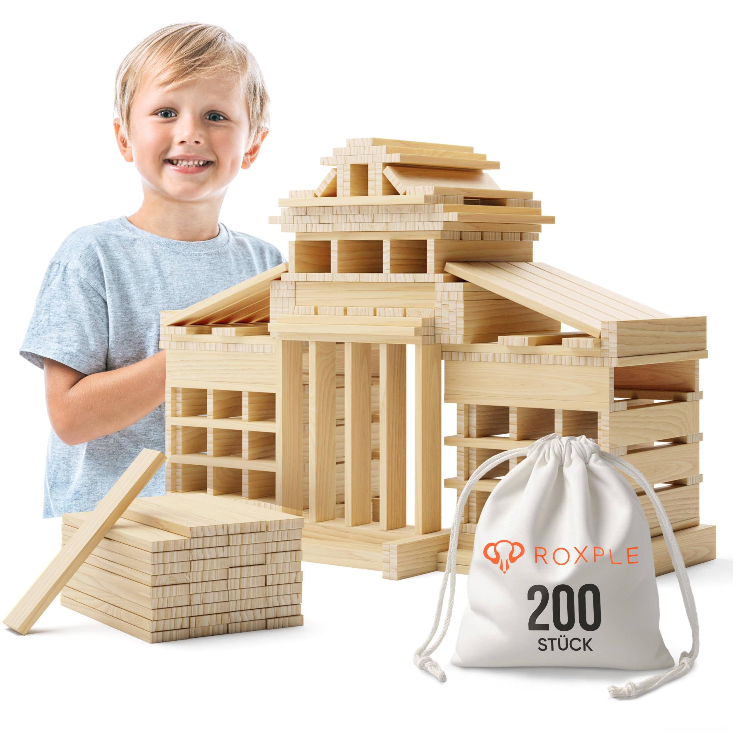 ROXPLE Montessori drewniane klocki naturalne, 200 sztuk, zabawki dla dzieci od 3 lat, klocki do majsterkowania, idealna zabawka konstrukcyjna z klockami drewnianymi, klocki drewniane w bawełnianym