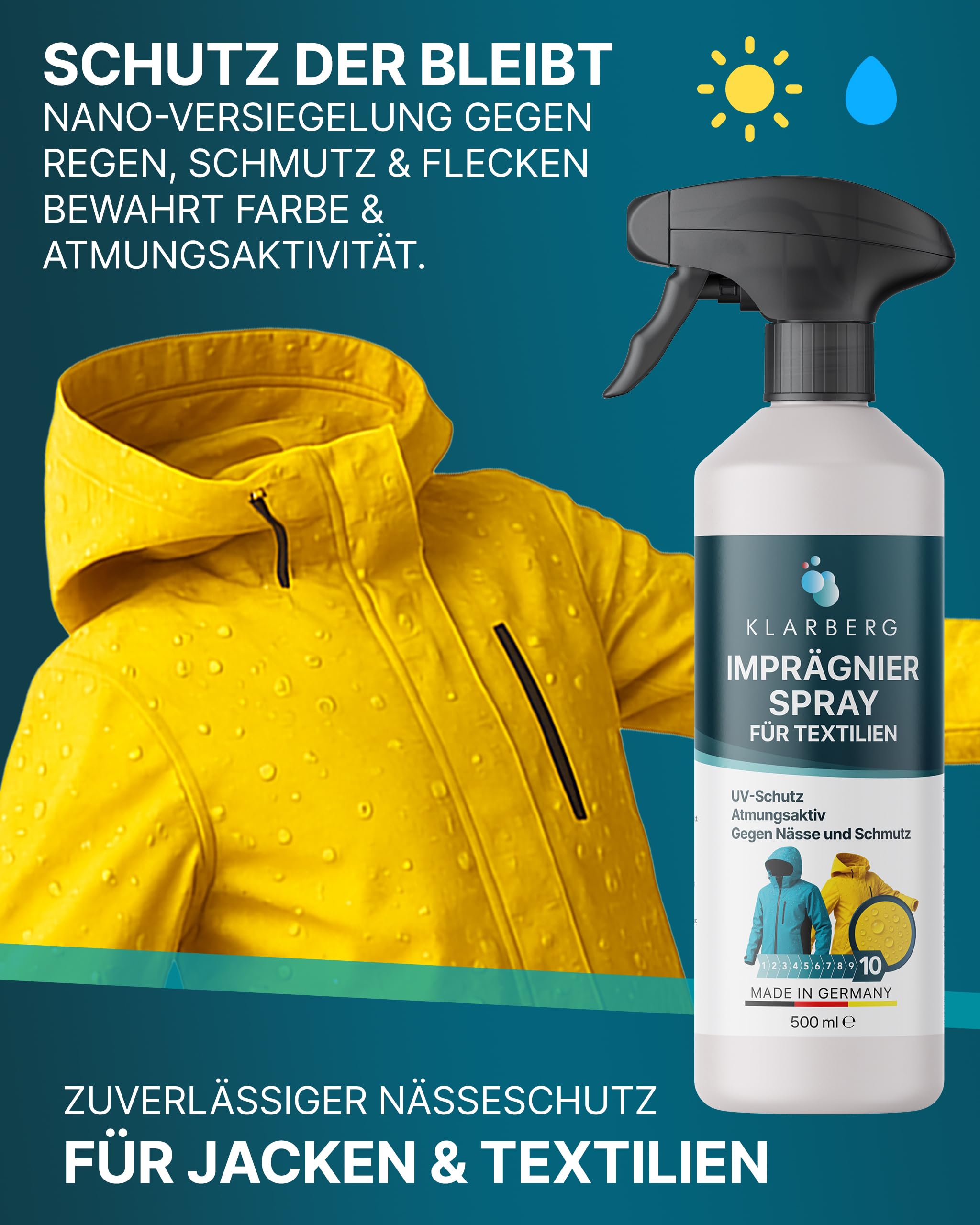 KLARBERG Tekstylna kurtka impregnująca w sprayu – oddychająca impregnacja do tkanin funkcjonalnych i materiałów syntetycznych – od kurtek i mebli tapicerowanych aż po dywan i odzież outdoorowa