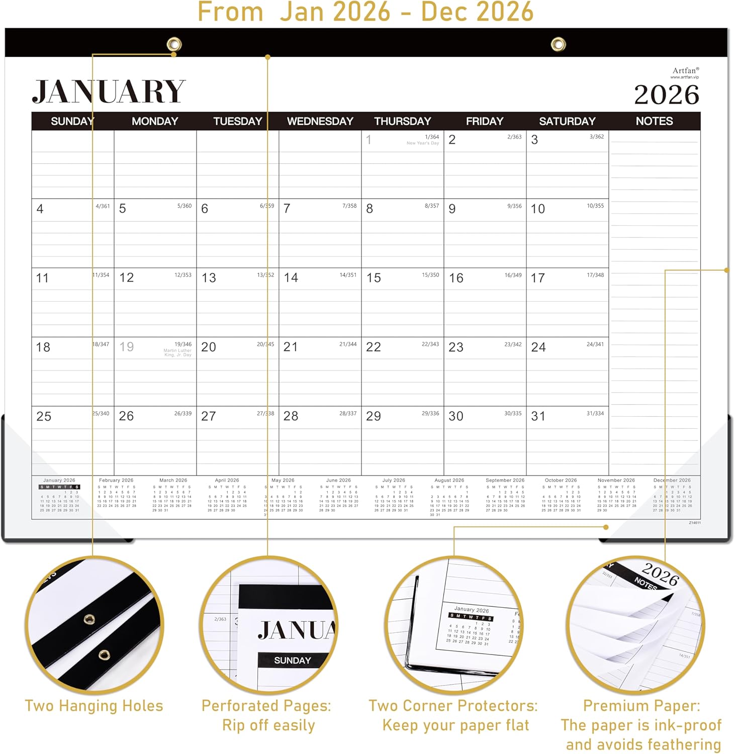 2026 Desk Calendar - Desk Calendar 2026, Jan.2026 - Dec.2026, 12 Monthly Desk/Wall Calendar 2-in-1,16.8" x 12", Thick Paper with Corner Protectors, Large Ruled Blocks - Classic Black thumbnail