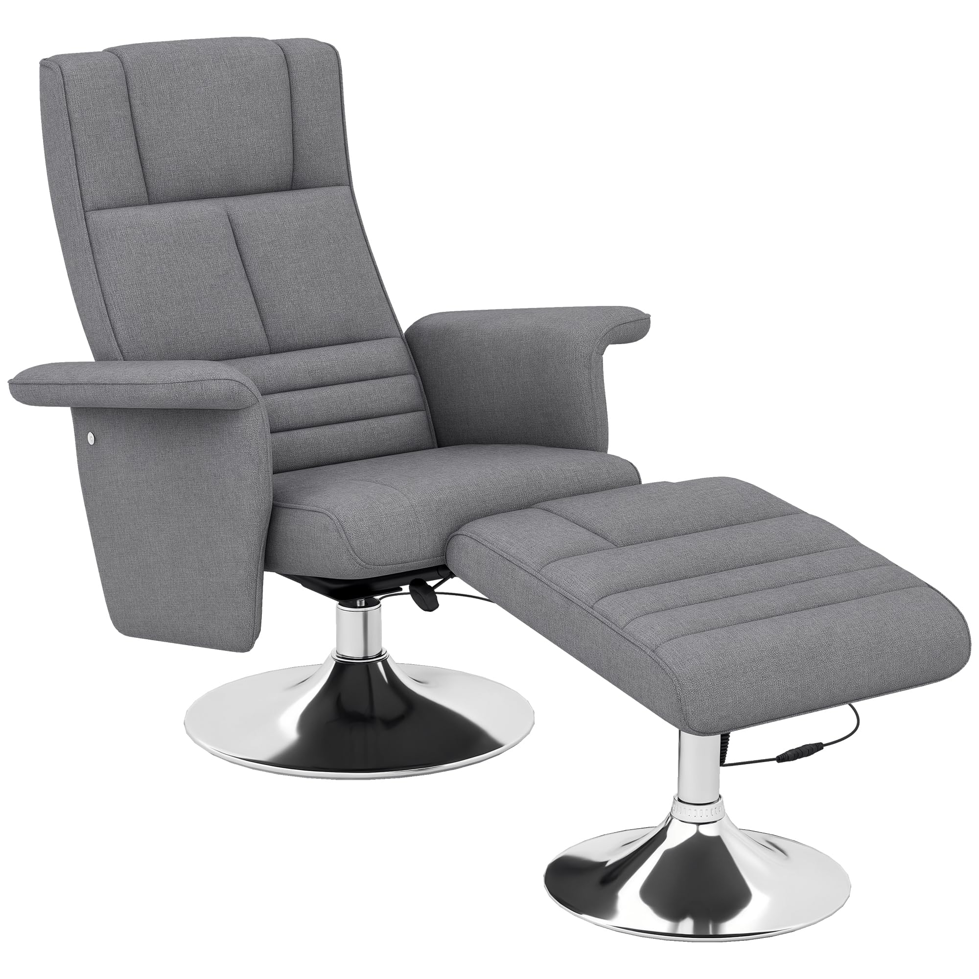HOMCOM Fauteuil Relax massant avec Pouf, Fauteuil TV avec Fonction Chaise Longue, siège pivotant à 360° Assise rembourrée Confortable, jusqu'à 120 kg, pour Salon, Chambre, Tissu Effet Lin, Gris foncé