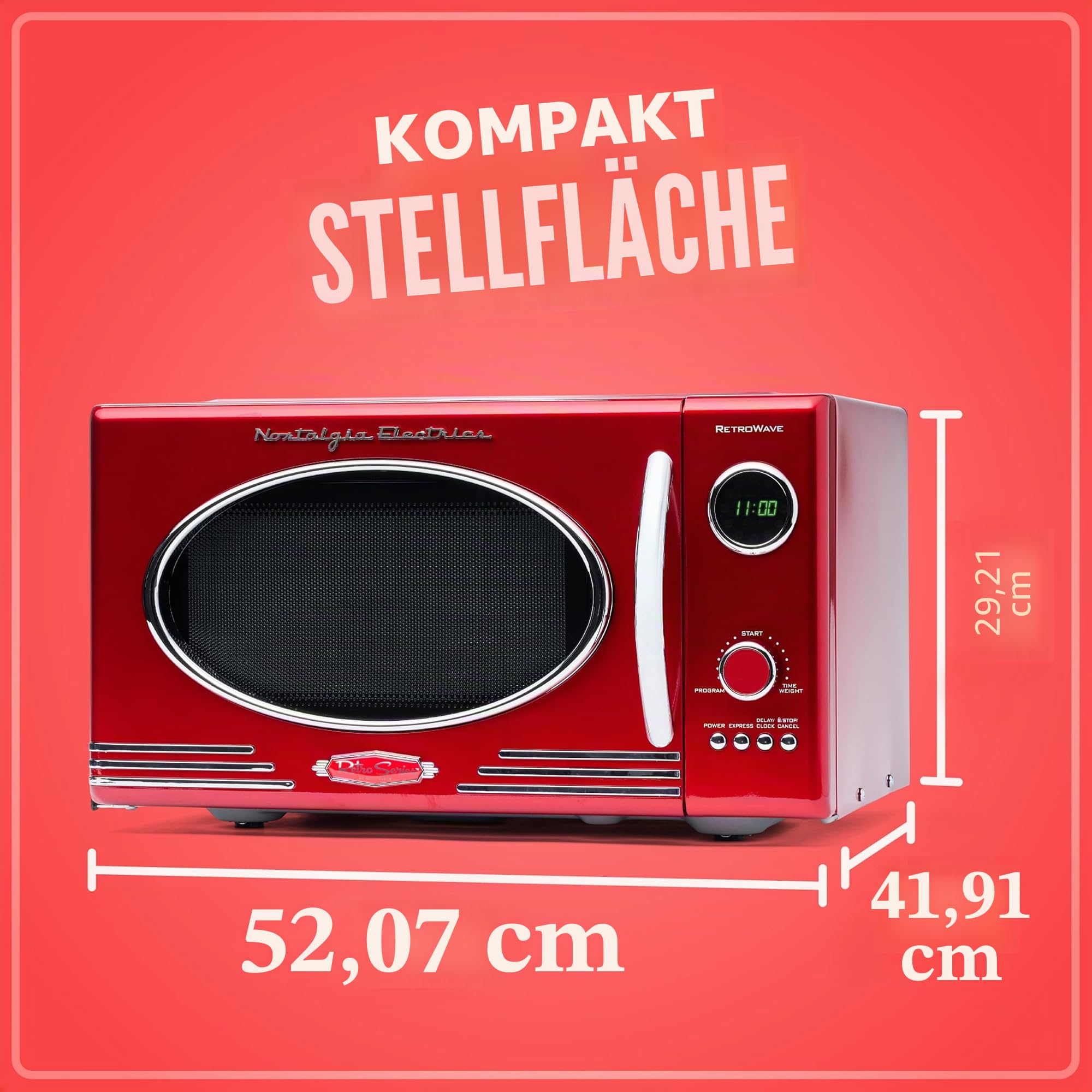 Nostalgia NRMO9RR Retro Große 25,5 Liter, 800-Watt Mikrowellenofen für die Arbeitsplatte, 12 vorprogrammierte Kochprogramme, digitale Uhr, leicht zu reinigendes Innenleben, Retro-Rot