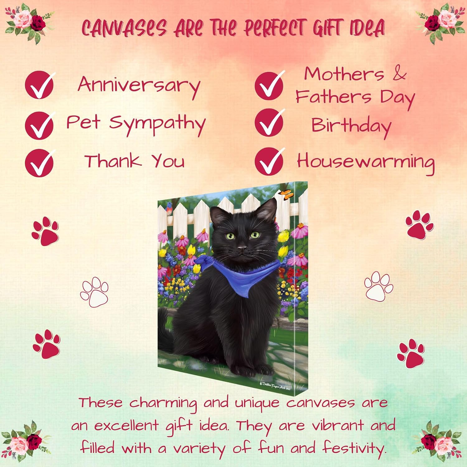 Spring Floral with Black Cats Canvas Wall Art - Premium Quality Ready to Hang Room Decor - Pecan Floating Framed 16" x 16"
