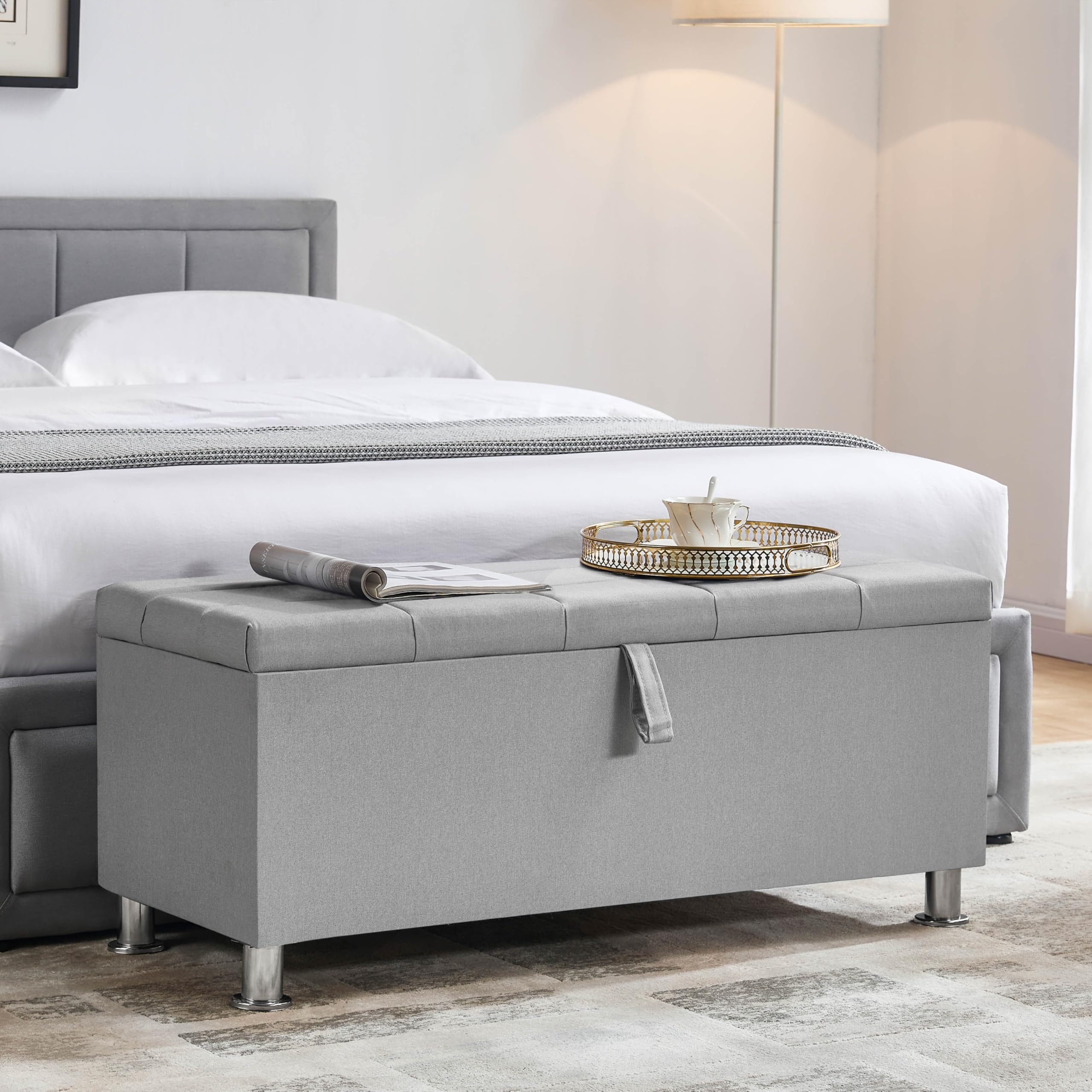 Vida Designs Valencia Pouf Ottomano, con Coperchio in Tessuto, Sedia, Sgabello, Panca per Finestra, Cassapanca, Cassapanca per Giocattoli, Pouf, Poggiapiedi, Lino Grigio Chiaro