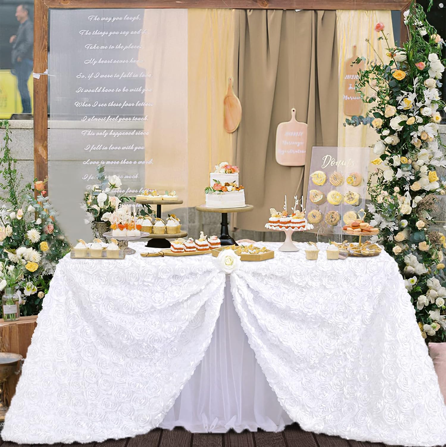 Fanqisi White Table Cloths Rosette Satin Table Cover 90x156 Inches for Baby Shower Wedding Boys Birthday Party Rectangle Table Decoration