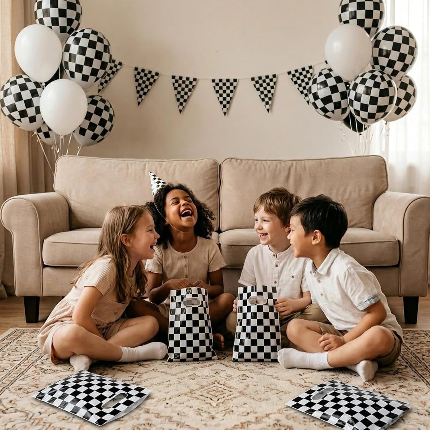 HLHLLSW 60 PCS Race Car Party Favor Bags – Black and White Plastic Goodie Candy Bags with Handles for Boys Race Car Theme Birthday Party Decoration & Gifts image 5