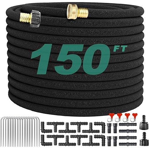 Soaker Hose 150 FT,Solid Brass Connector 1/2" Round Heavy Duty Garden Soaker Hose Kit Watering Hose With Holes For Vegetable/Fruit Beds, Shrubs, Lawn,Yard