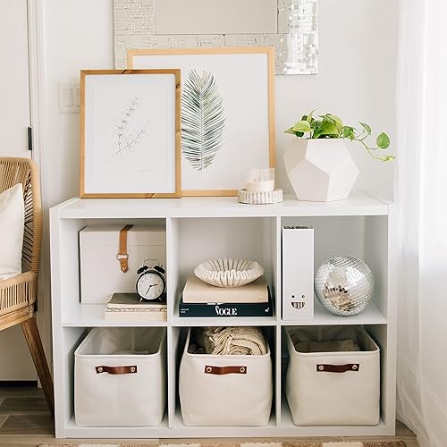 Vista 65 de OrganiHaus - Canastas de almacenamiento estrechas, 15 x 06 pulgadas, pequeñas, para estantes, armarios, baños, organizador de tela con asas, Beige