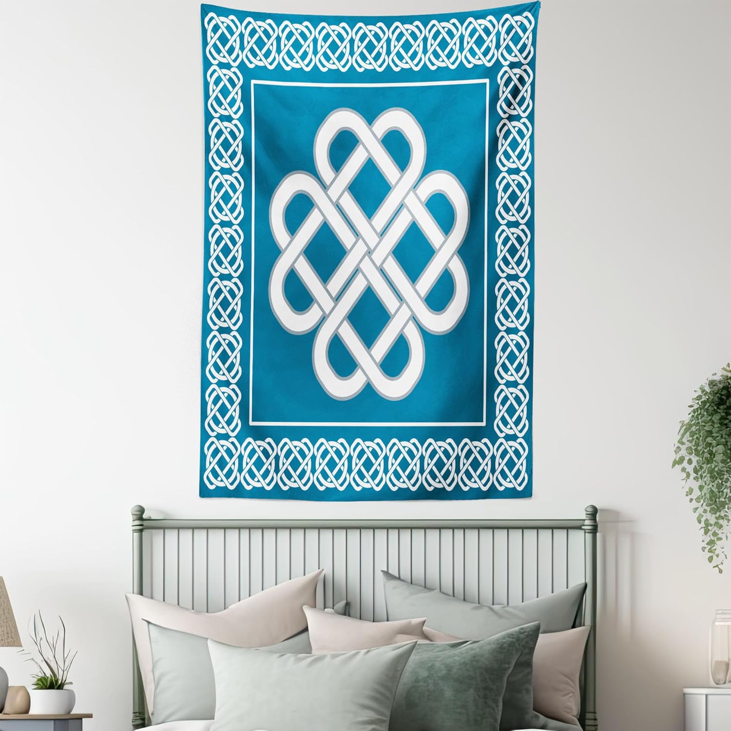 Ambesonne Irish Tapestry, Celtic Love Knot Fortune Symbol Framework Border Design, Wall Hanging for Bedroom Living Room Dorm Decor, 40" X 60", Dark Aqua White